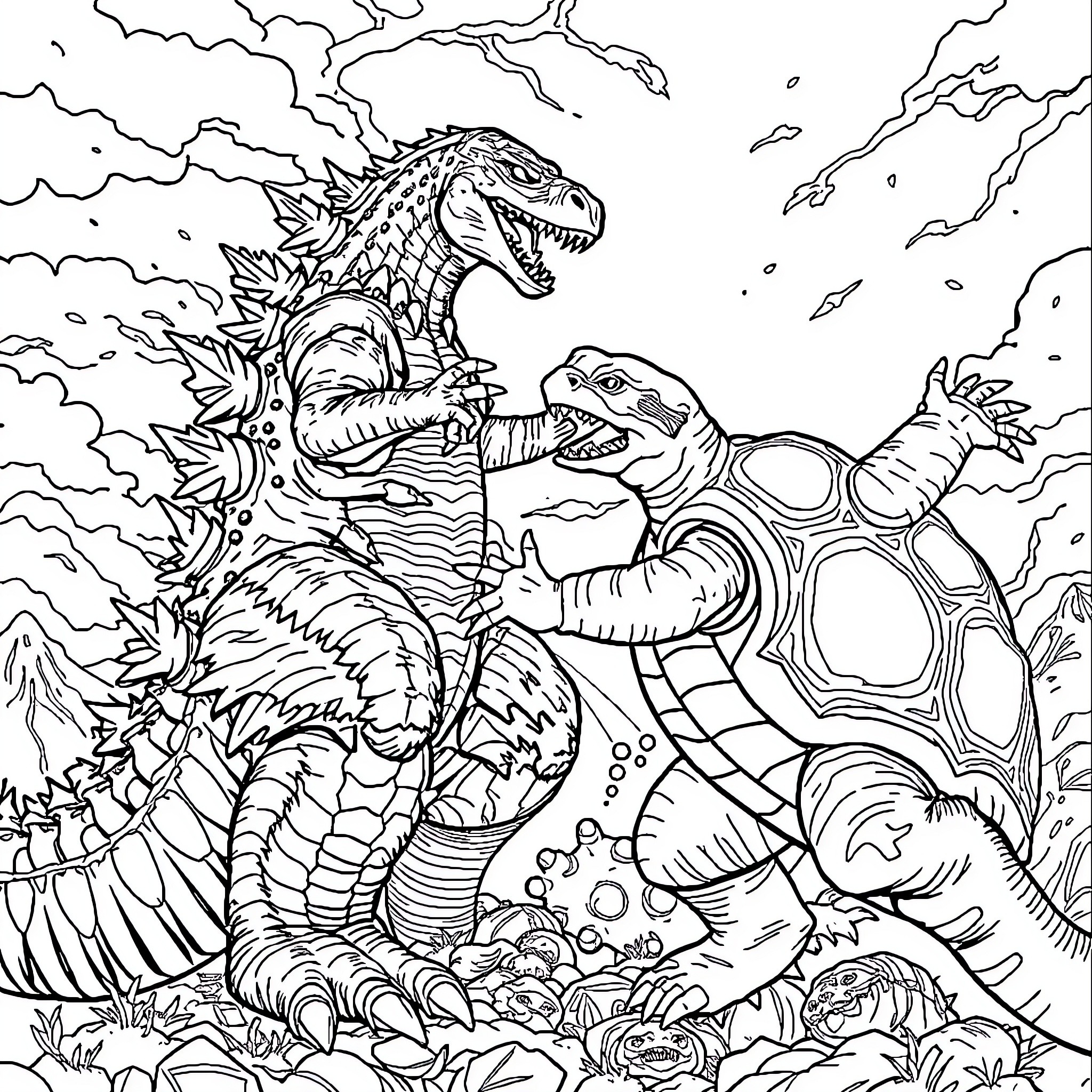 Godzilla battling a giant turtle in a storm Coloring Page (free black-and-white line drawing printable PDF for all, from beginners to advanced learners, including children, teens, adults, and seniors)