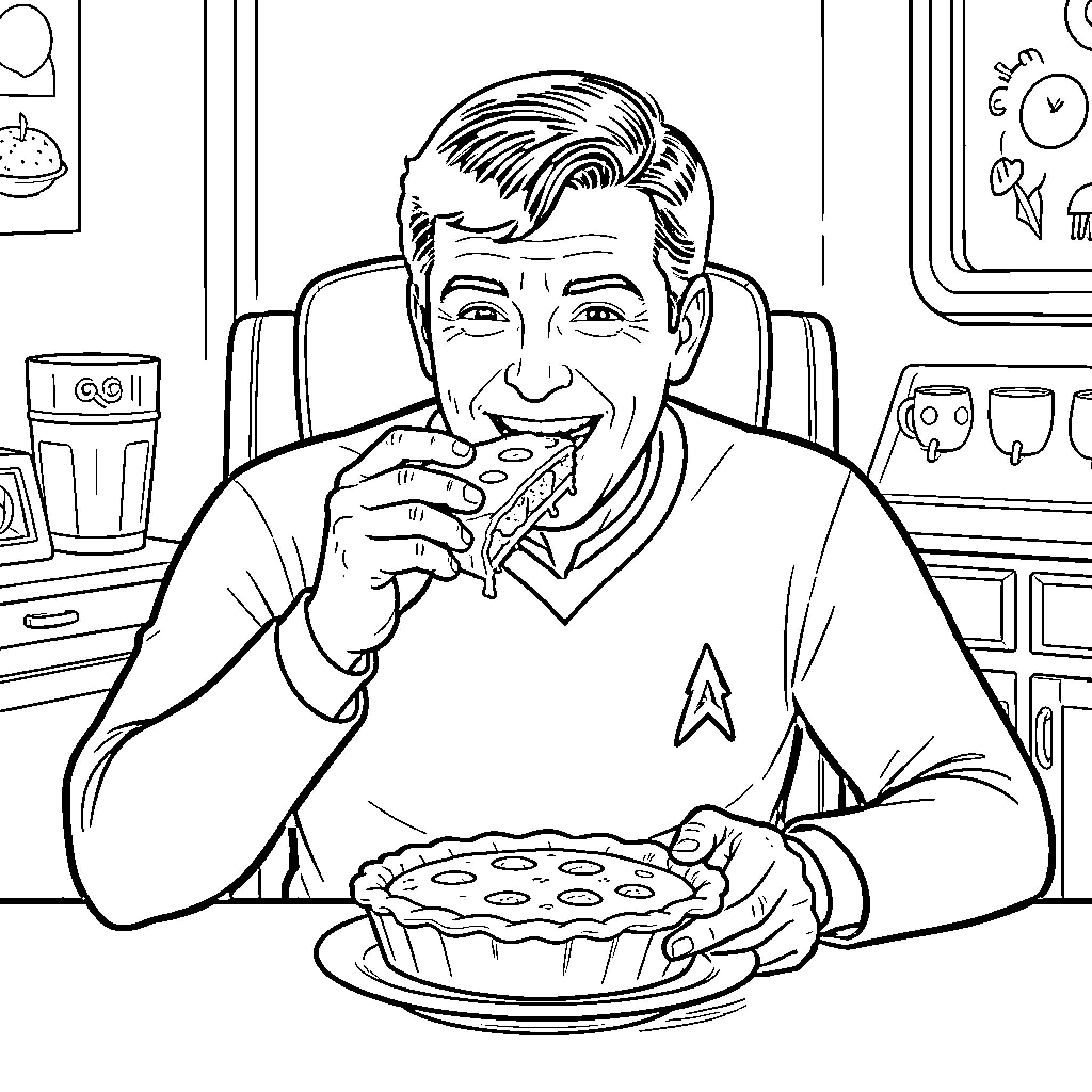 Captain Kirk enjoying a slice of pie in the kitchen Coloring Page (free black-and-white line drawing printable PDF for all, from beginners to advanced learners, including children, teens, adults, and seniors)