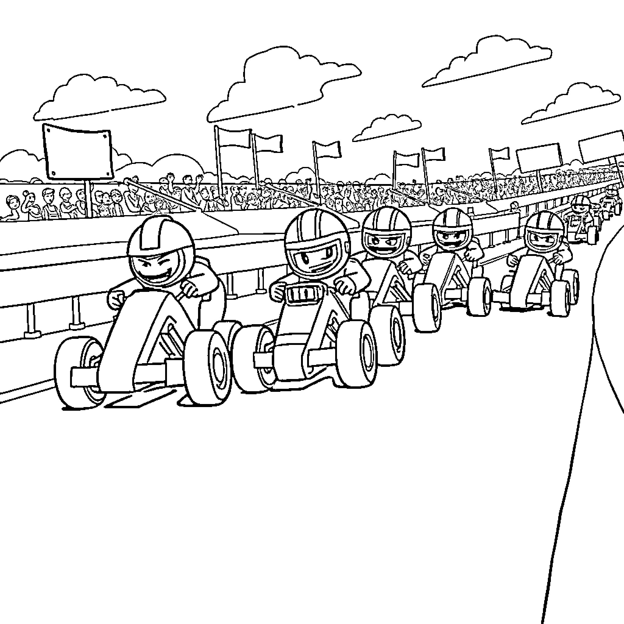 Toy Story Go-Kart Race on the Track Coloring Page (free black-and-white line drawing printable PDF for all, from beginners to advanced learners, including children, teens, adults, and seniors)