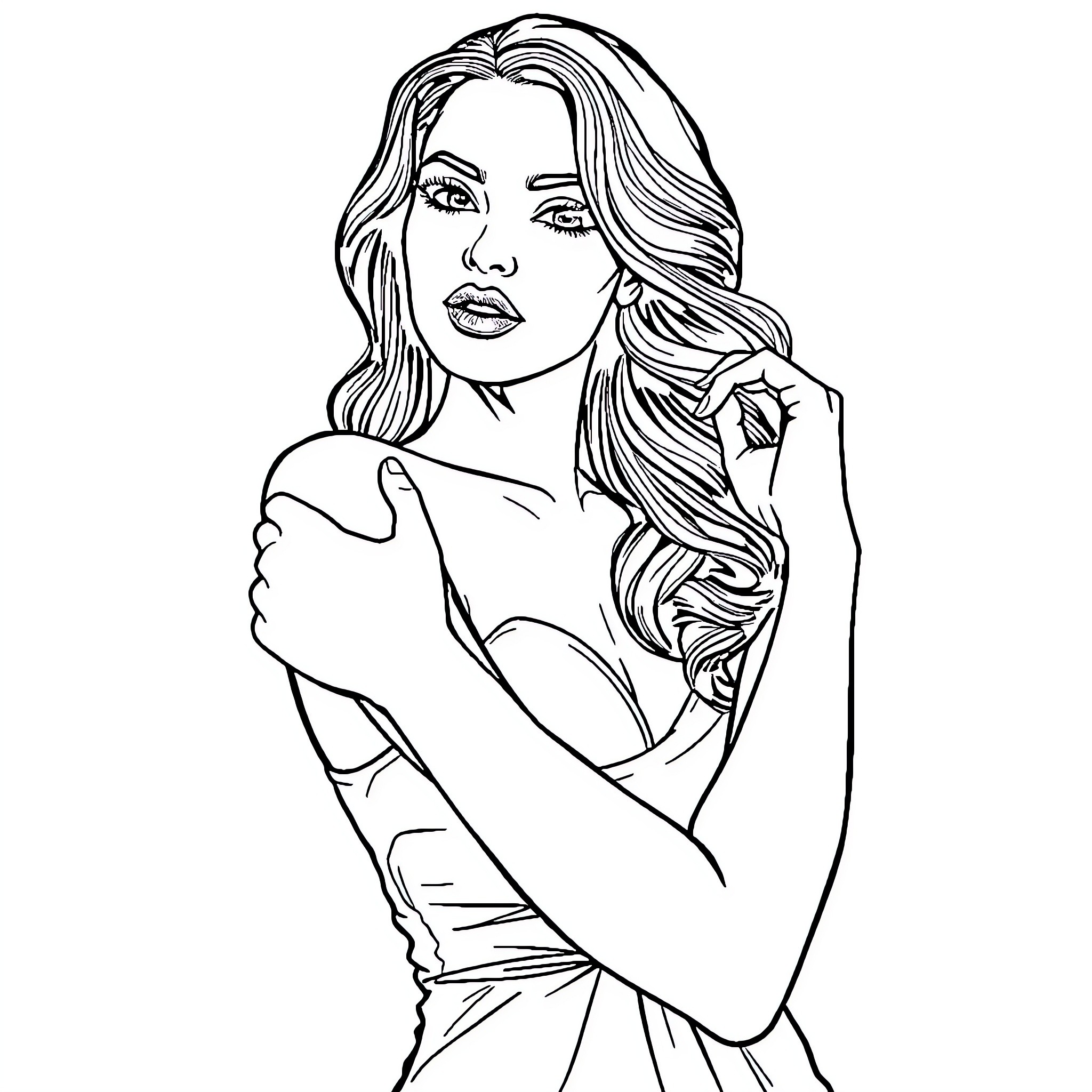 Girl with long, flowing hair and elegant pose Coloring Page (free black-and-white line drawing printable PDF for all, from beginners to advanced learners, including children, teens, adults, and seniors)