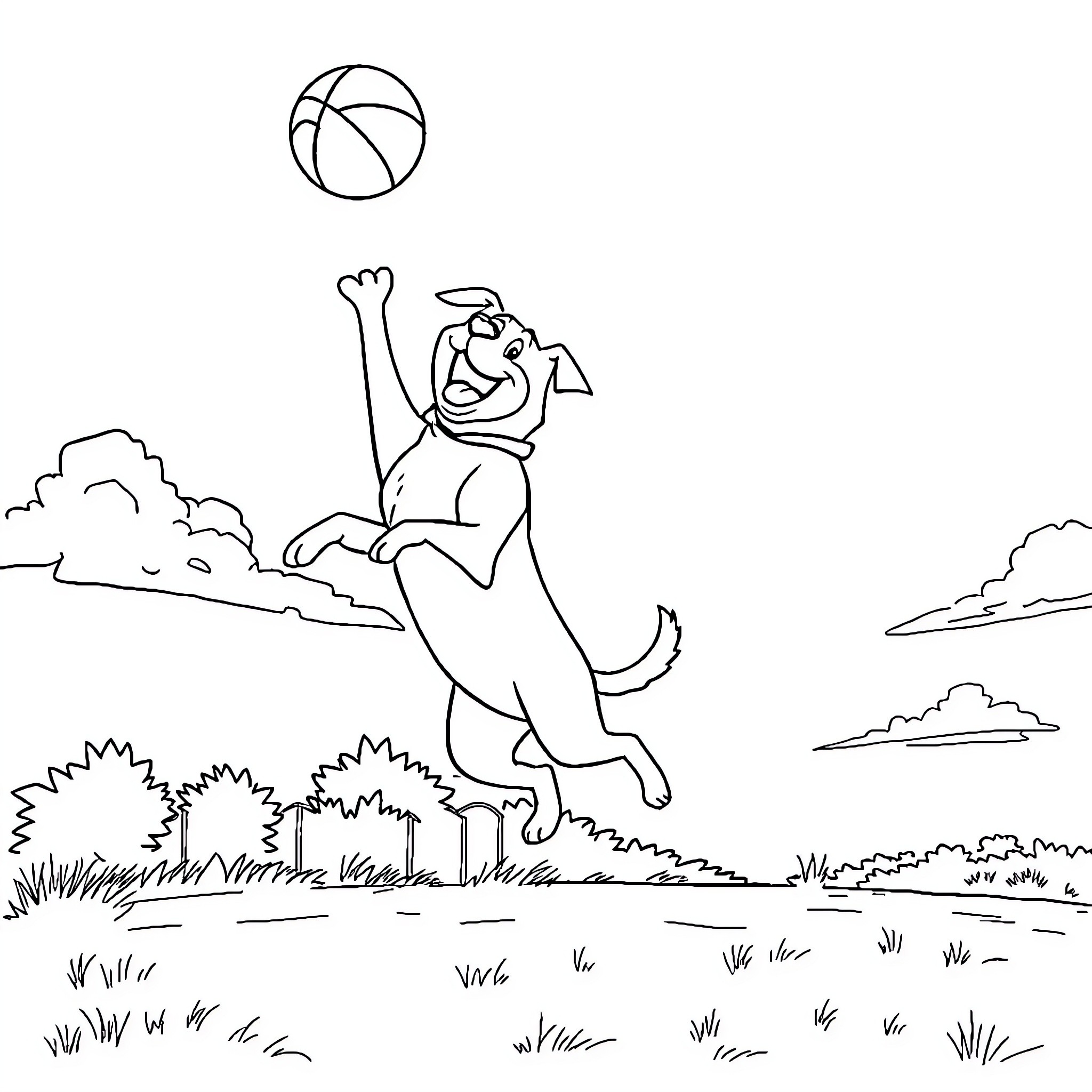 Dog happily playing with basketball in a field Coloring Page (free black-and-white line drawing printable PDF for all, from beginners to advanced learners, including children, teens, adults, and seniors)