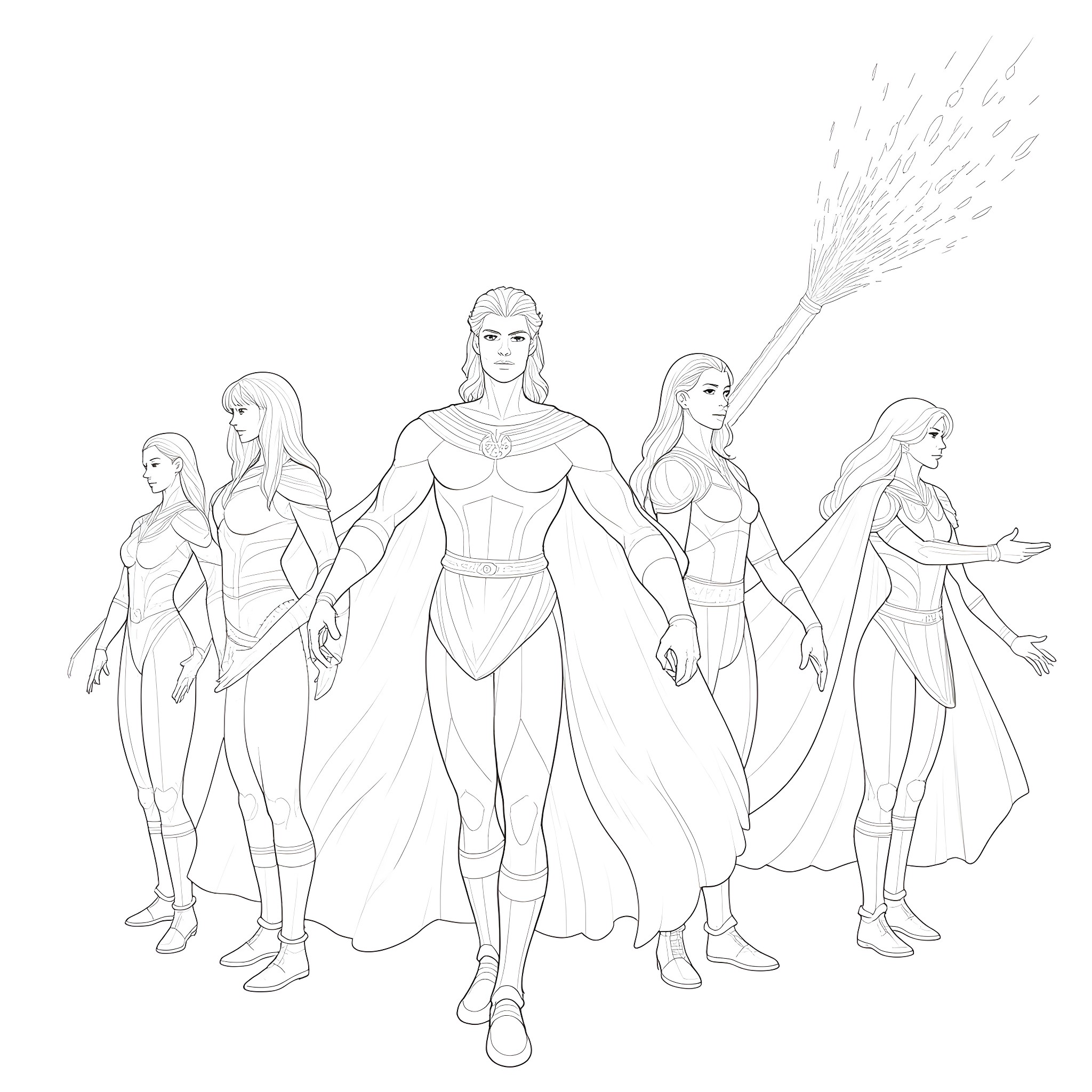 Wheel of power - Magical heroes in action Coloring Page (free black-and-white line drawing printable PDF for all, from beginners to advanced learners, including children, teens, adults, and seniors)