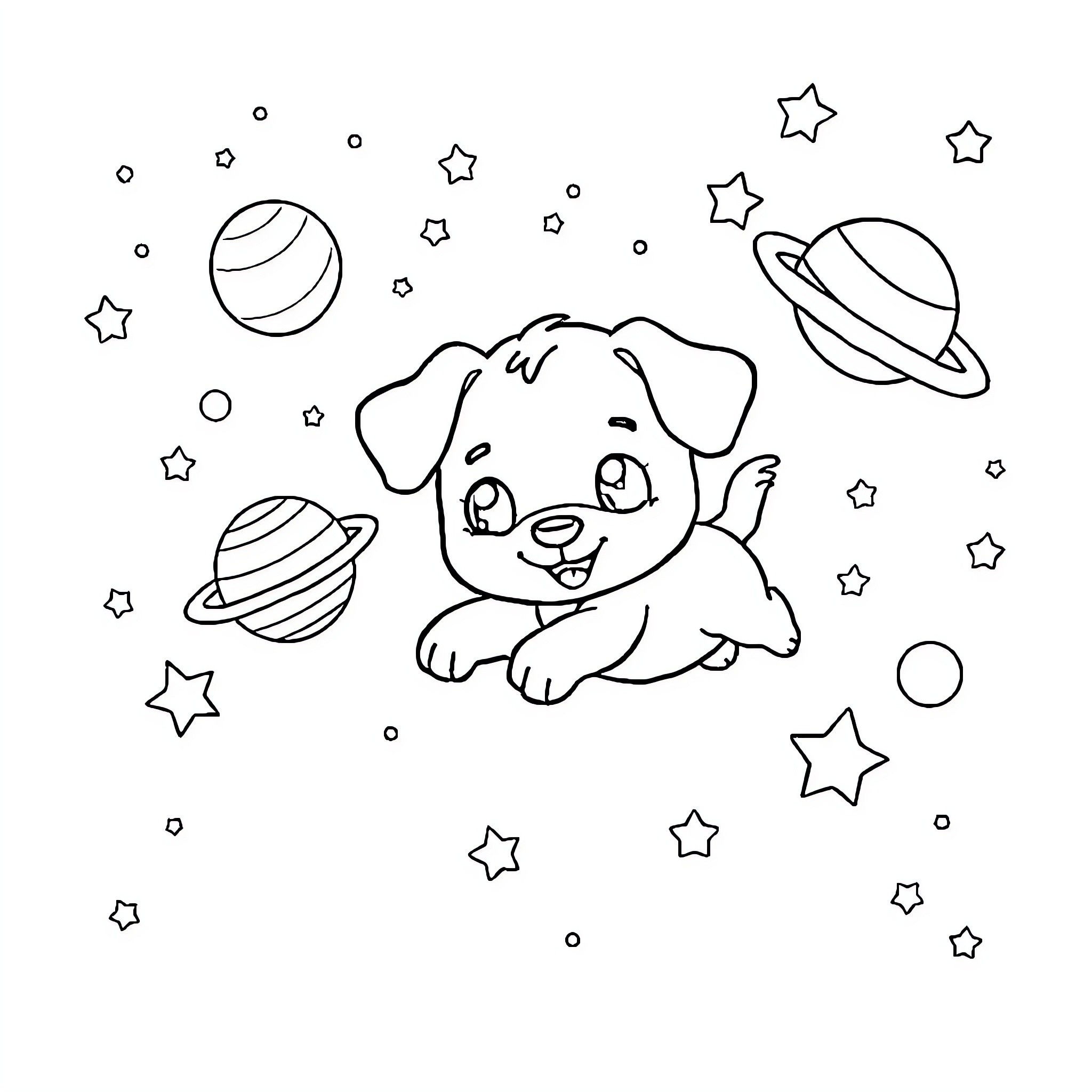 Puppy playing among stars and planets Coloring Page (free black-and-white line drawing printable PDF for all, from beginners to advanced learners, including children, teens, adults, and seniors)