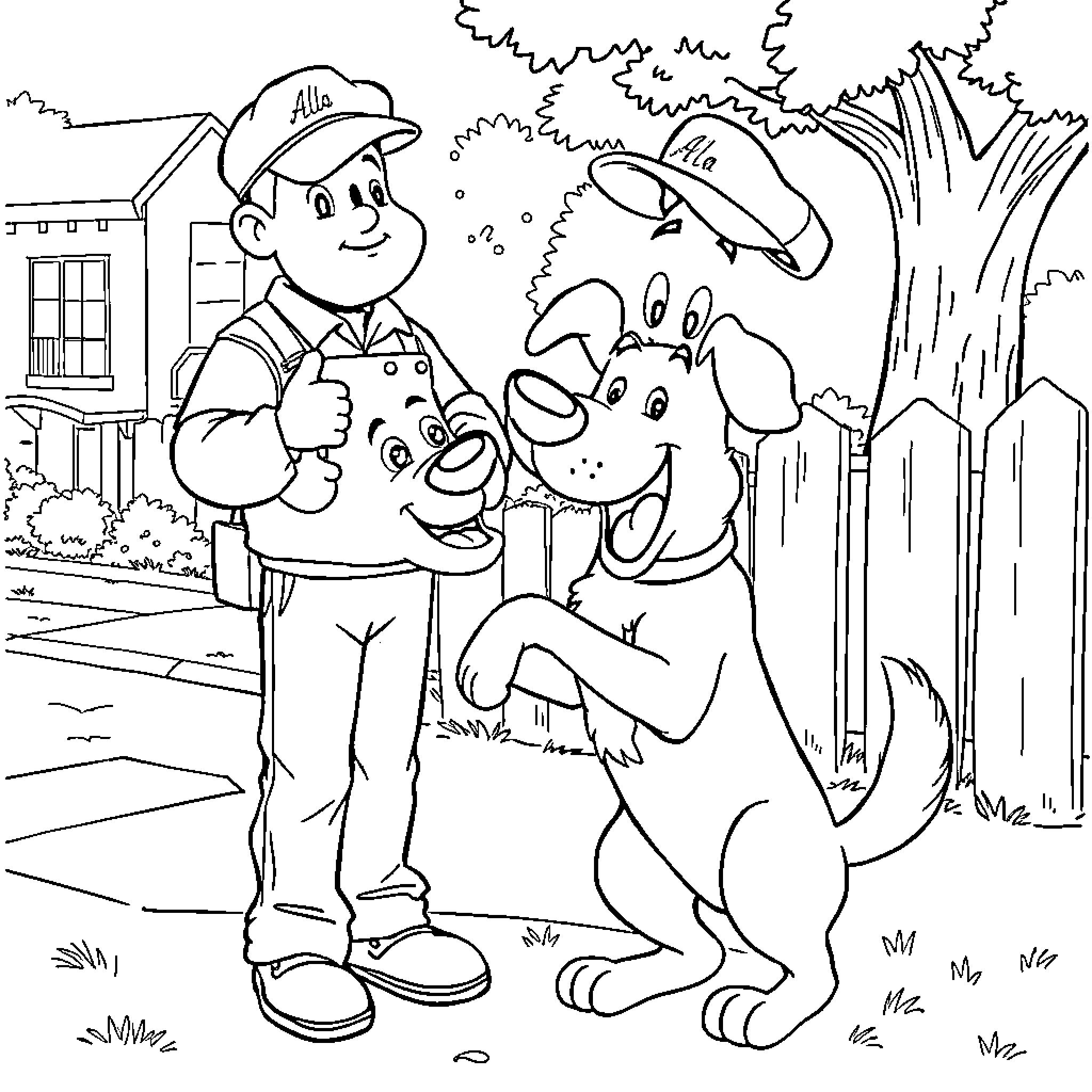 Dog and owner playing outside Coloring Page (free black-and-white line drawing printable PDF for all, from beginners to advanced learners, including children, teens, adults, and seniors)