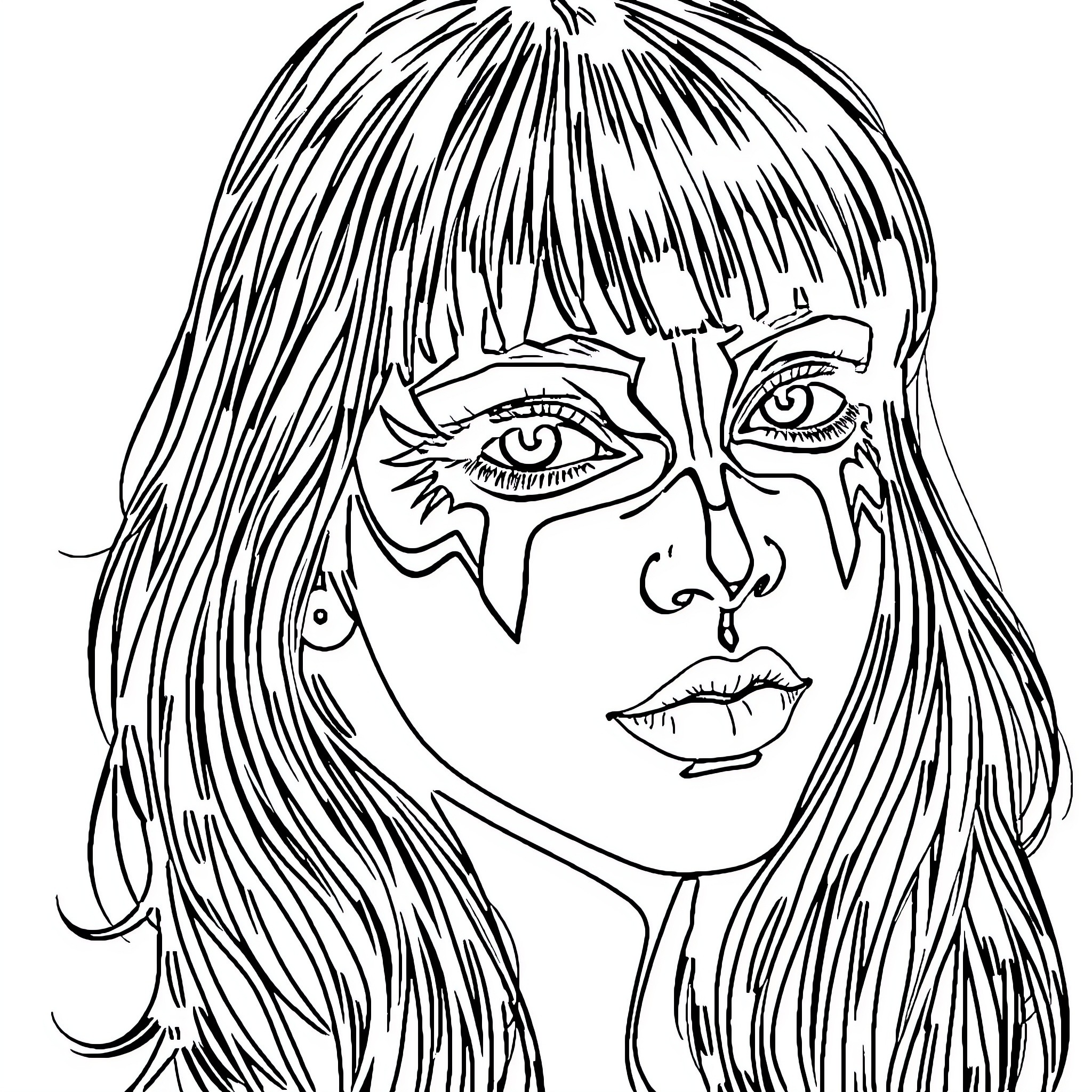 Girl with Expressive Eyes and Detailed Hair Coloring Page (free black-and-white line drawing printable PDF for all, from beginners to advanced learners, including children, teens, adults, and seniors)