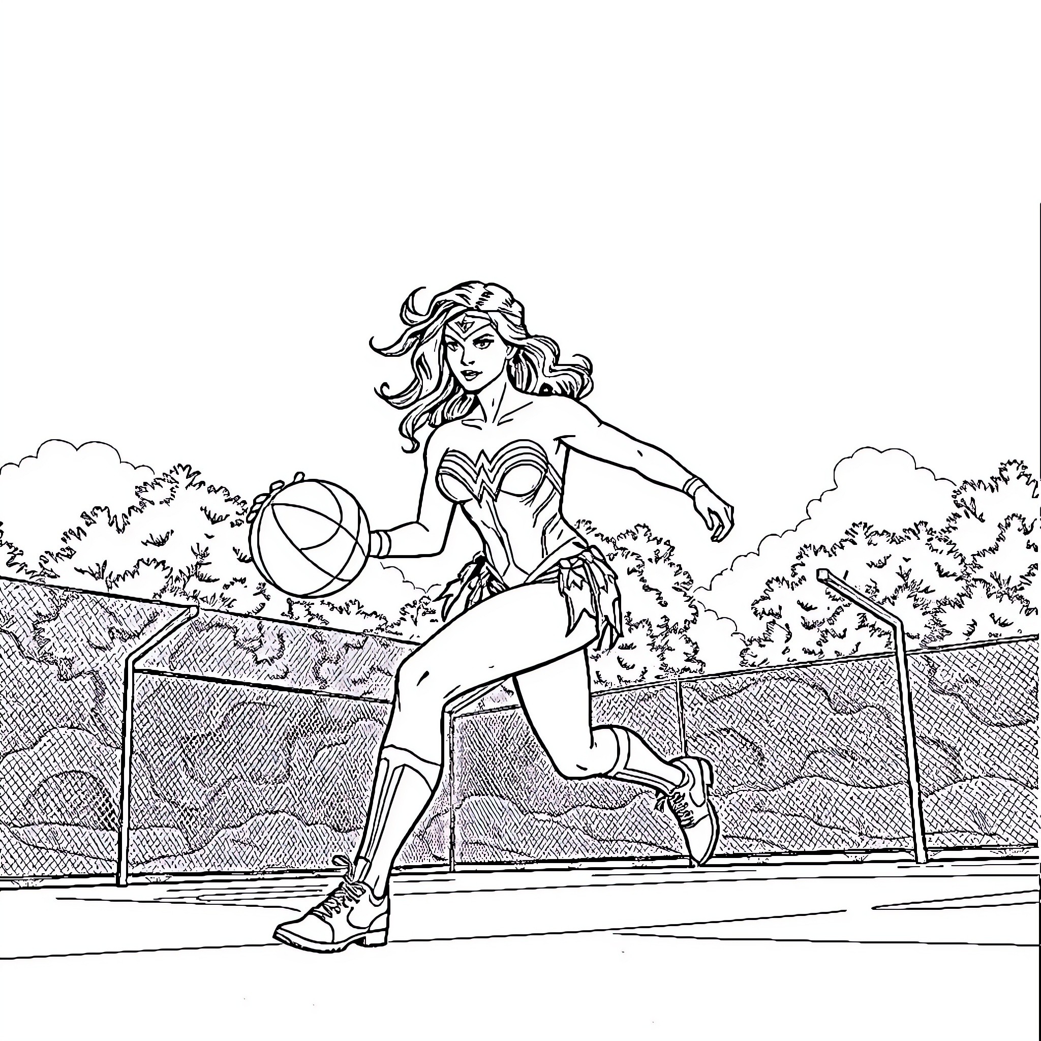 Wonder Woman playing basketball in the park Coloring Page (free black-and-white line drawing printable PDF for all, from beginners to advanced learners, including children, teens, adults, and seniors)