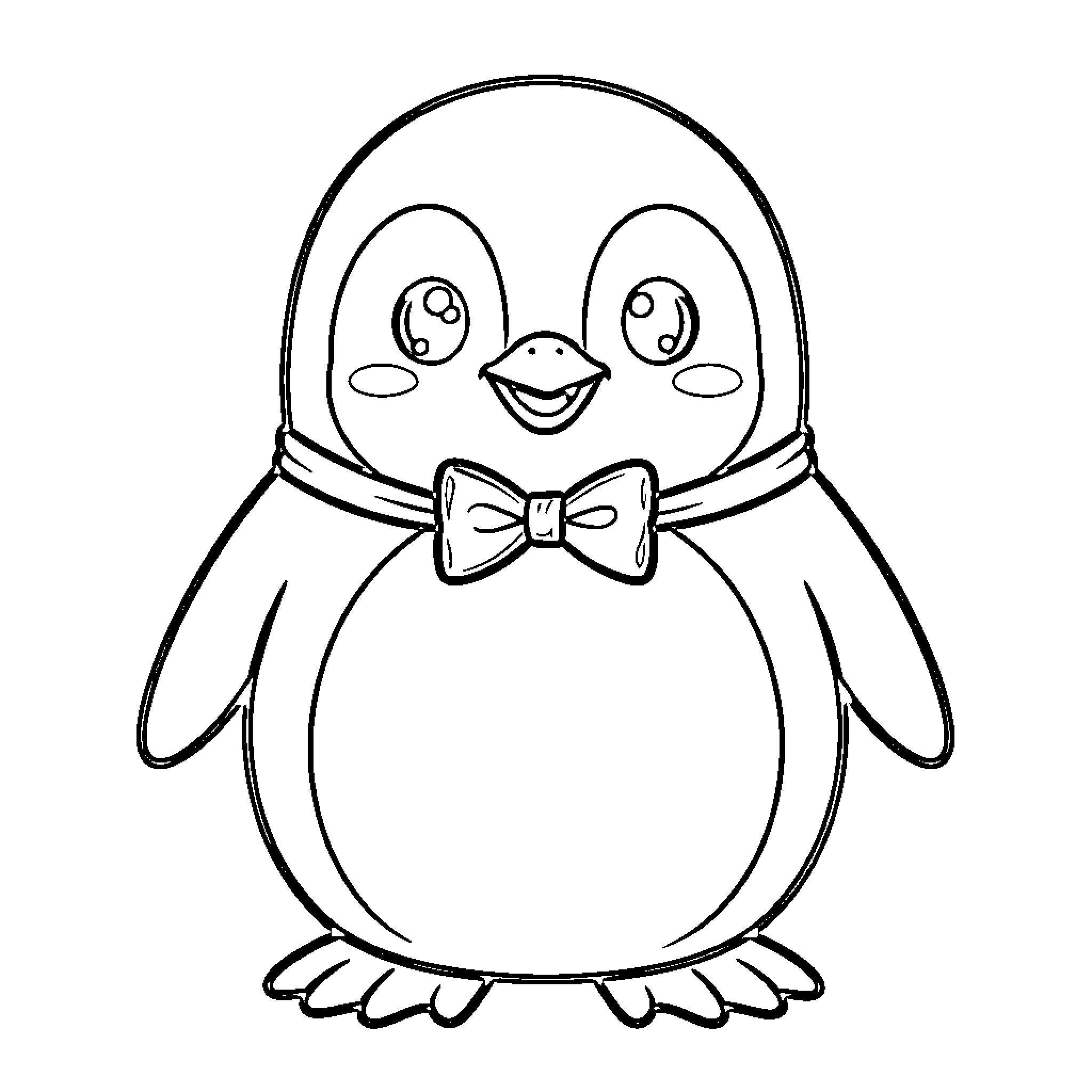 Penguin with a Bow Tie Coloring Page (free black-and-white line drawing printable PDF for all, from beginners to advanced learners, including children, teens, adults, and seniors)