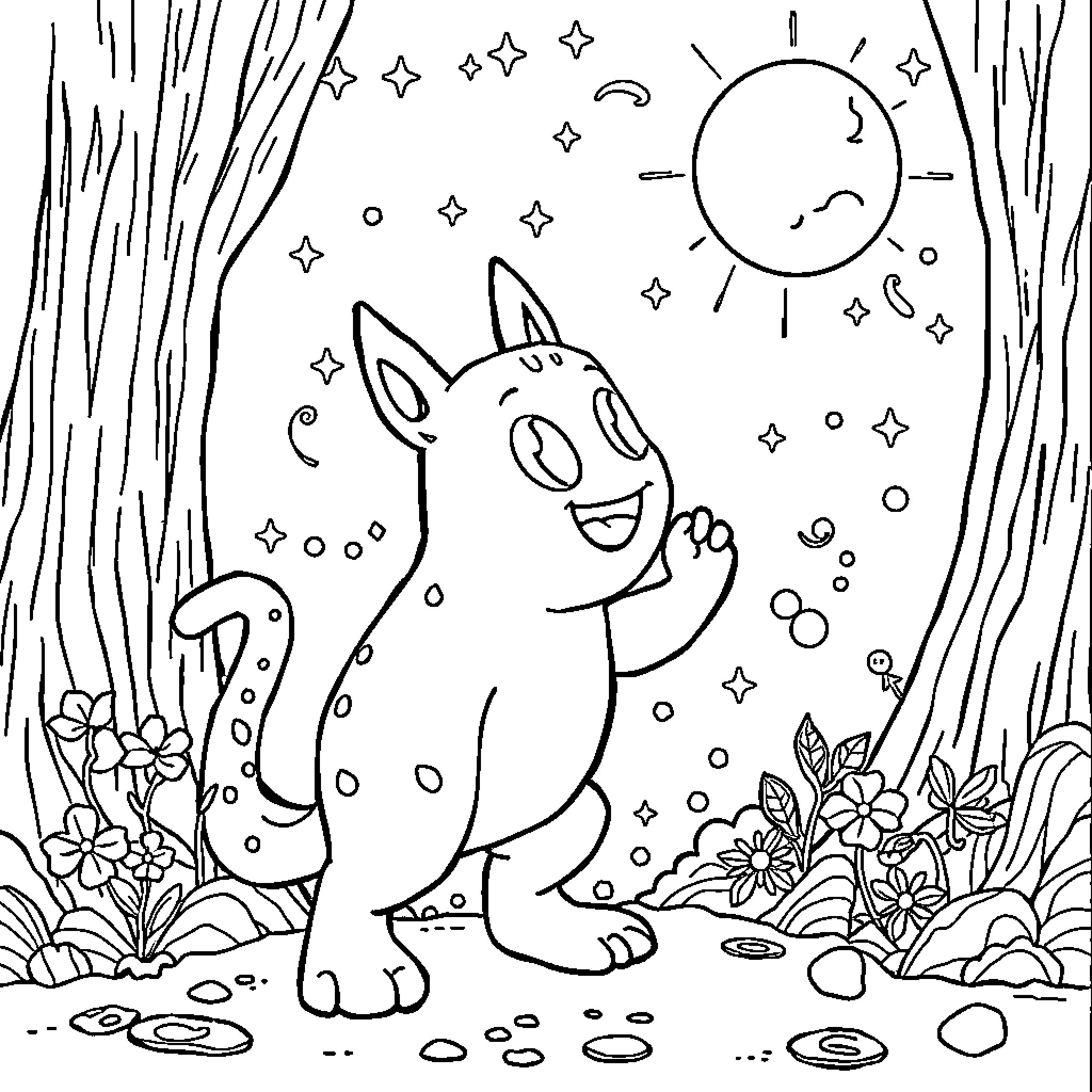 Uno Playful Creature Amid Nature's Wonders Coloring Page (free black-and-white line drawing printable PDF for all, from beginners to advanced learners, including children, teens, adults, and seniors)