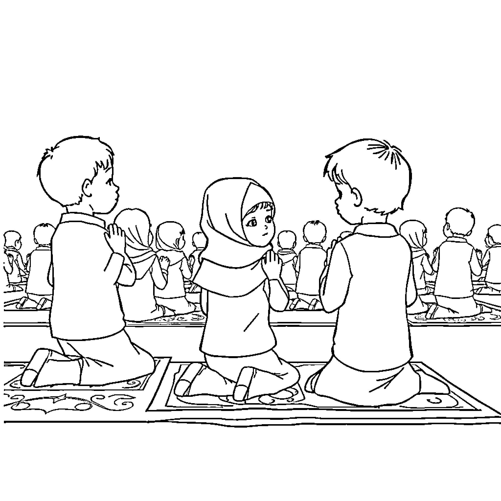 Kid Muslims praying together in a group Coloring Page (free black-and-white line drawing printable PDF for all, from beginners to advanced learners, including children, teens, adults, and seniors)