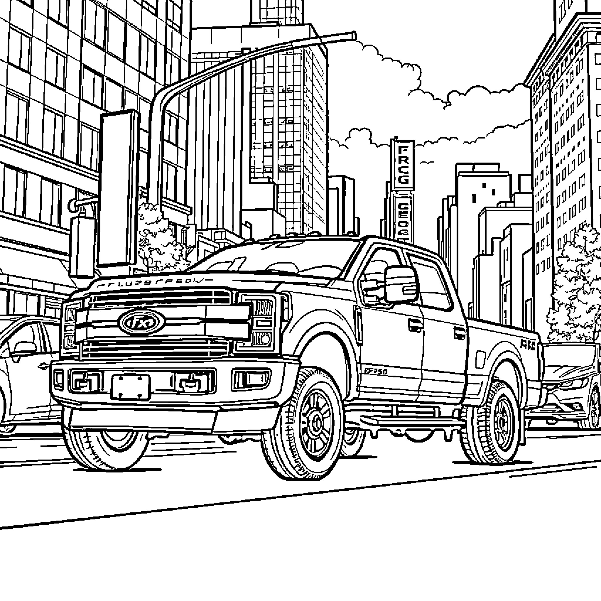 F250 truck parked on urban street Coloring Page (free black-and-white line drawing printable PDF for all, from beginners to advanced learners, including children, teens, adults, and seniors)