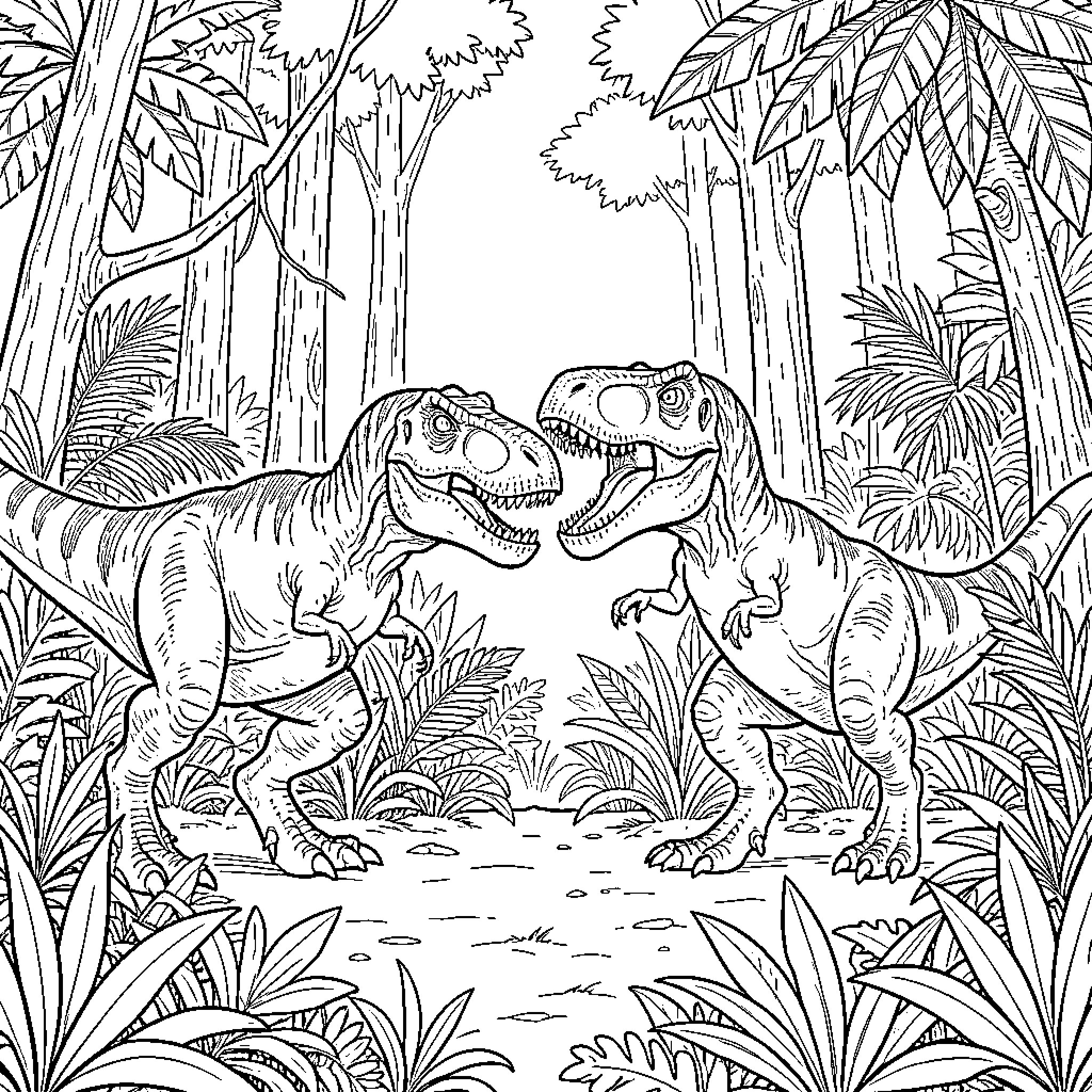 Dinosaur facing off in a lush jungle environment Coloring Page (free black-and-white line drawing printable PDF for all, from beginners to advanced learners, including children, teens, adults, and seniors)