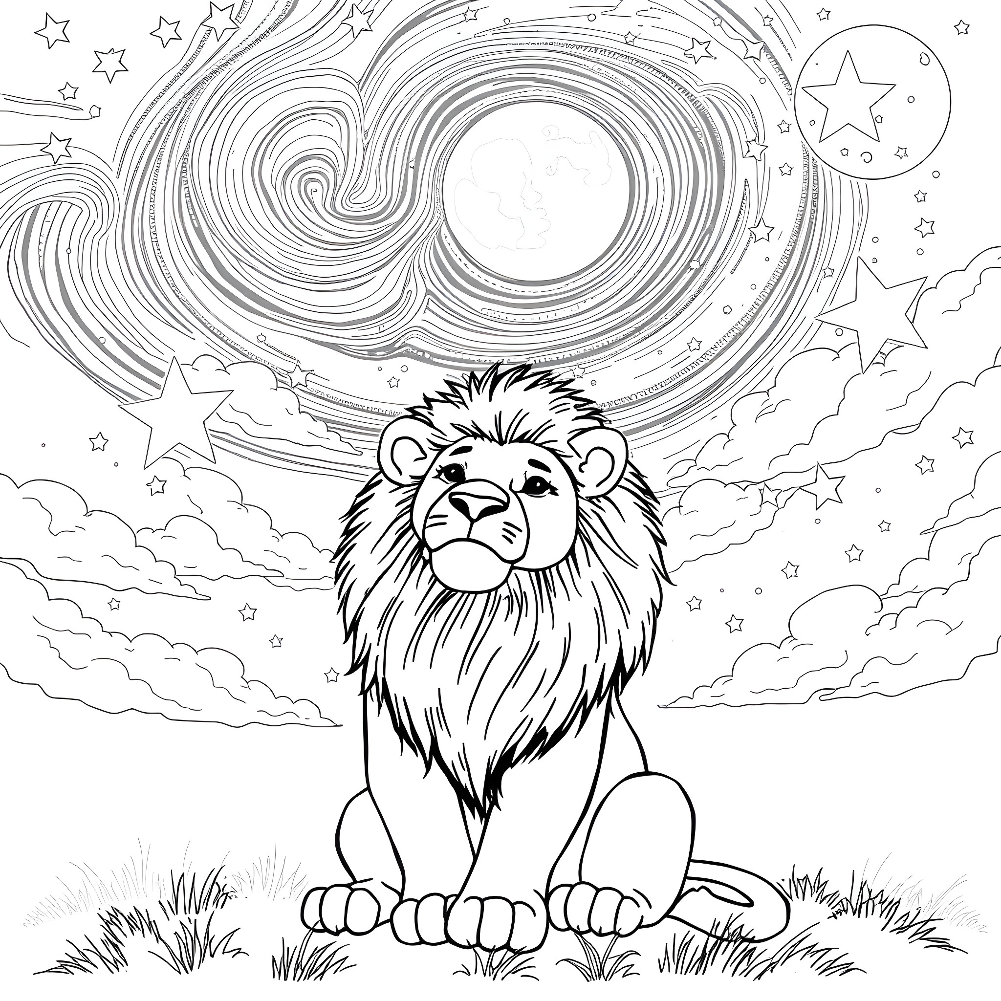 Lion in the Starry Night Sky Coloring Page (free black-and-white line drawing printable PDF for all, from beginners to advanced learners, including children, teens, adults, and seniors)