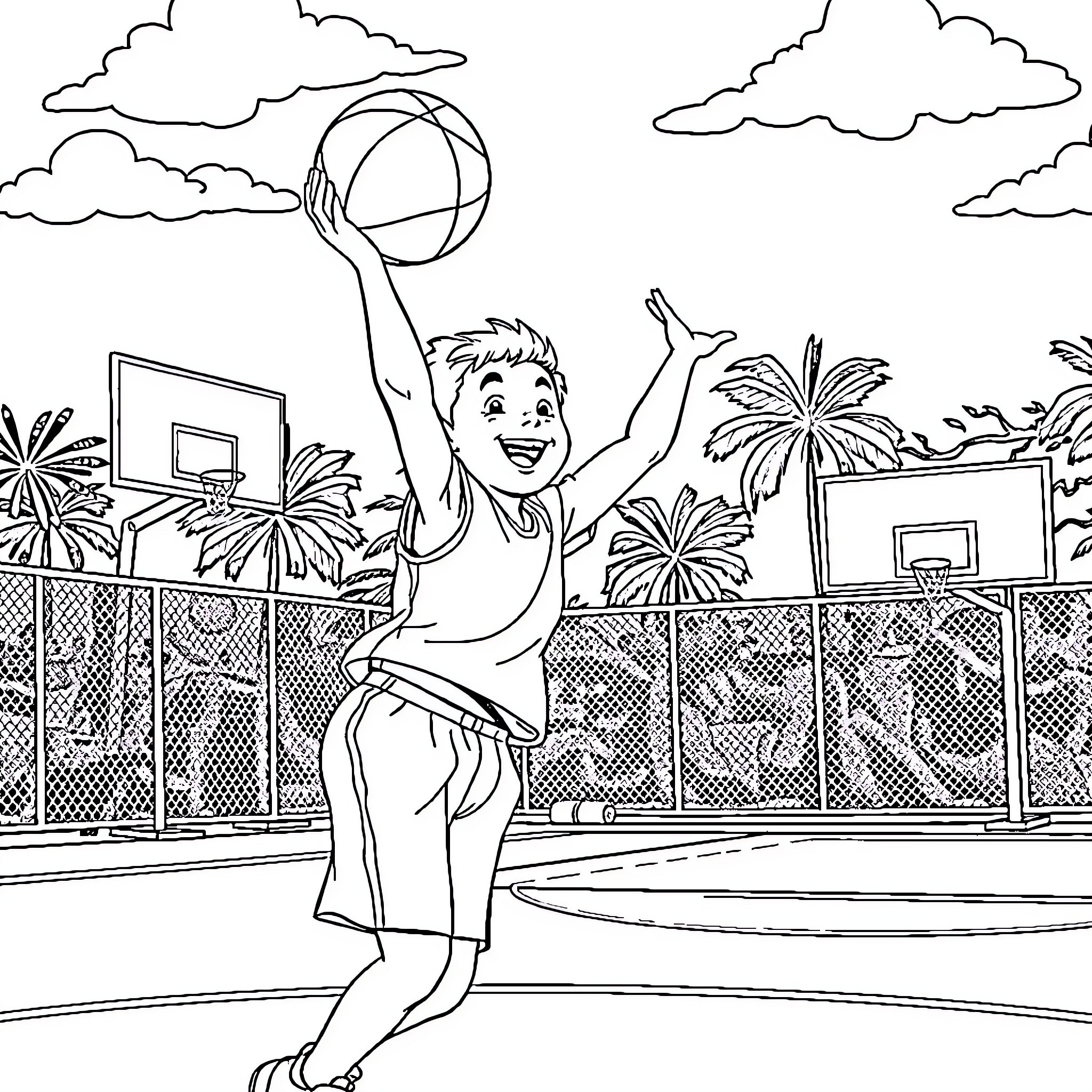 Boy playing joyfully with basketball on court Coloring Page (free black-and-white line drawing printable PDF for all, from beginners to advanced learners, including children, teens, adults, and seniors)