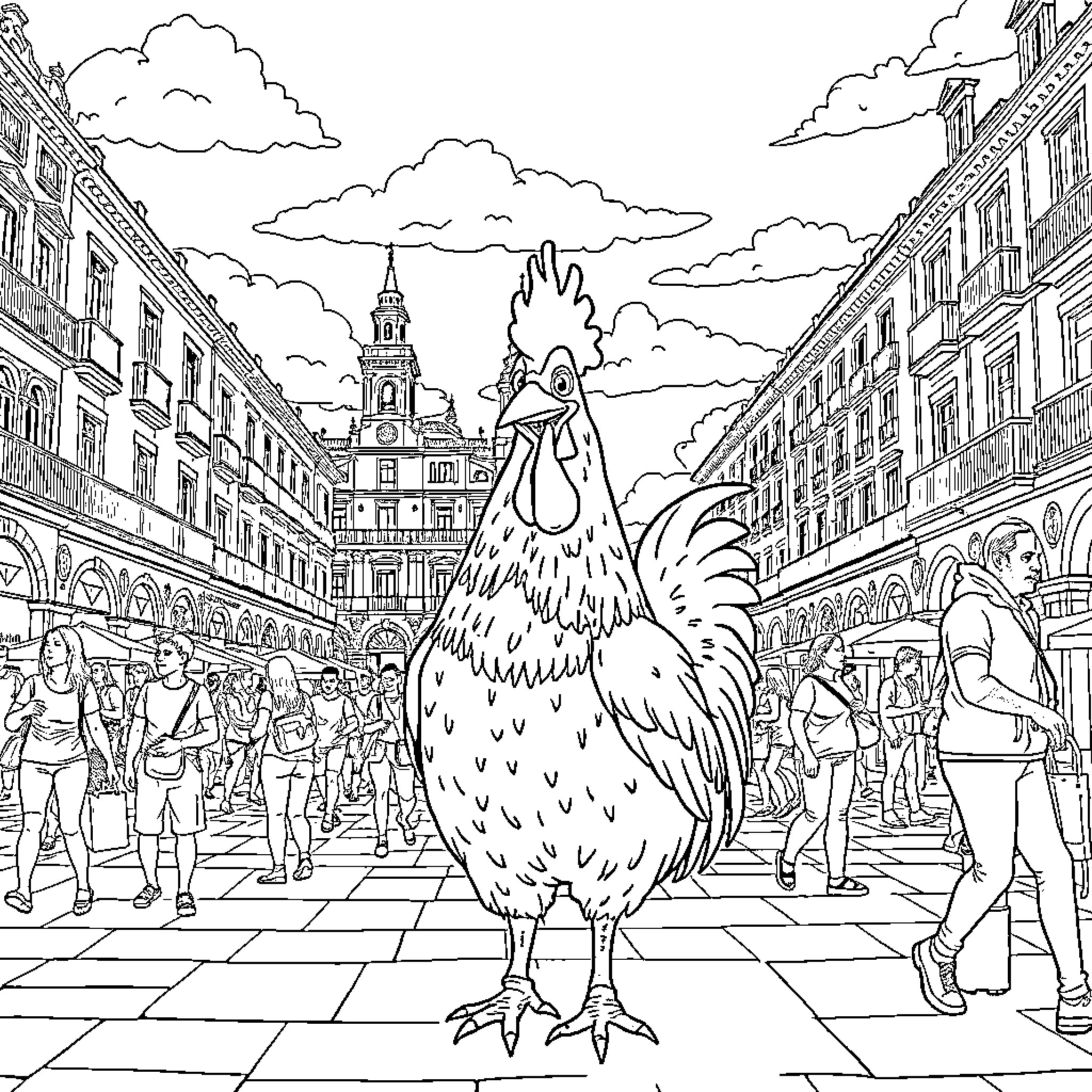 Bartolito the Rooster Roams the Bustling City Street Coloring Page (free black-and-white line drawing printable PDF for all, from beginners to advanced learners, including children, teens, adults, and seniors)