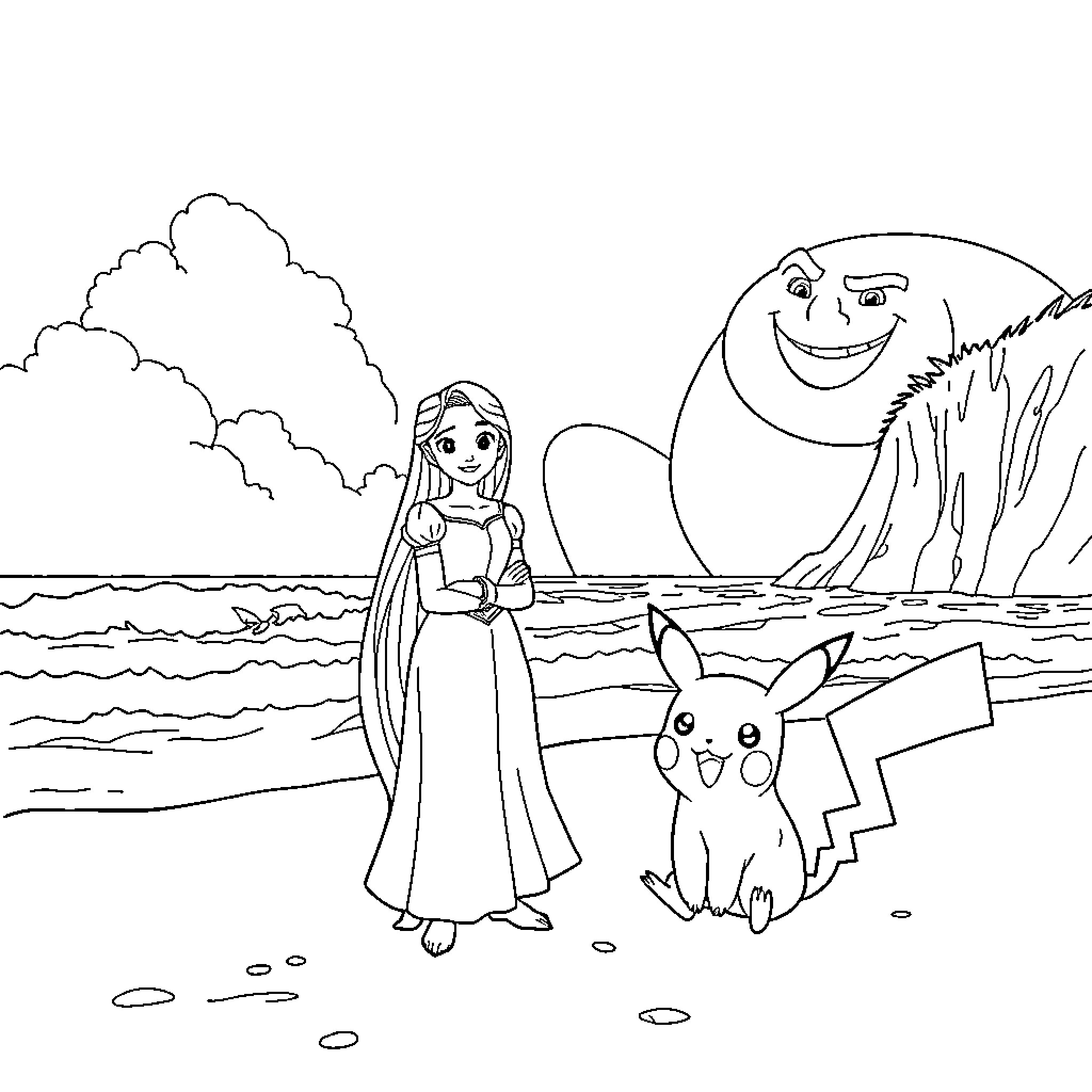 Rapunzel's Adventure with Pikachu and Marshmallow Coloring Page (free black-and-white line drawing printable PDF for all, from beginners to advanced learners, including children, teens, adults, and seniors)