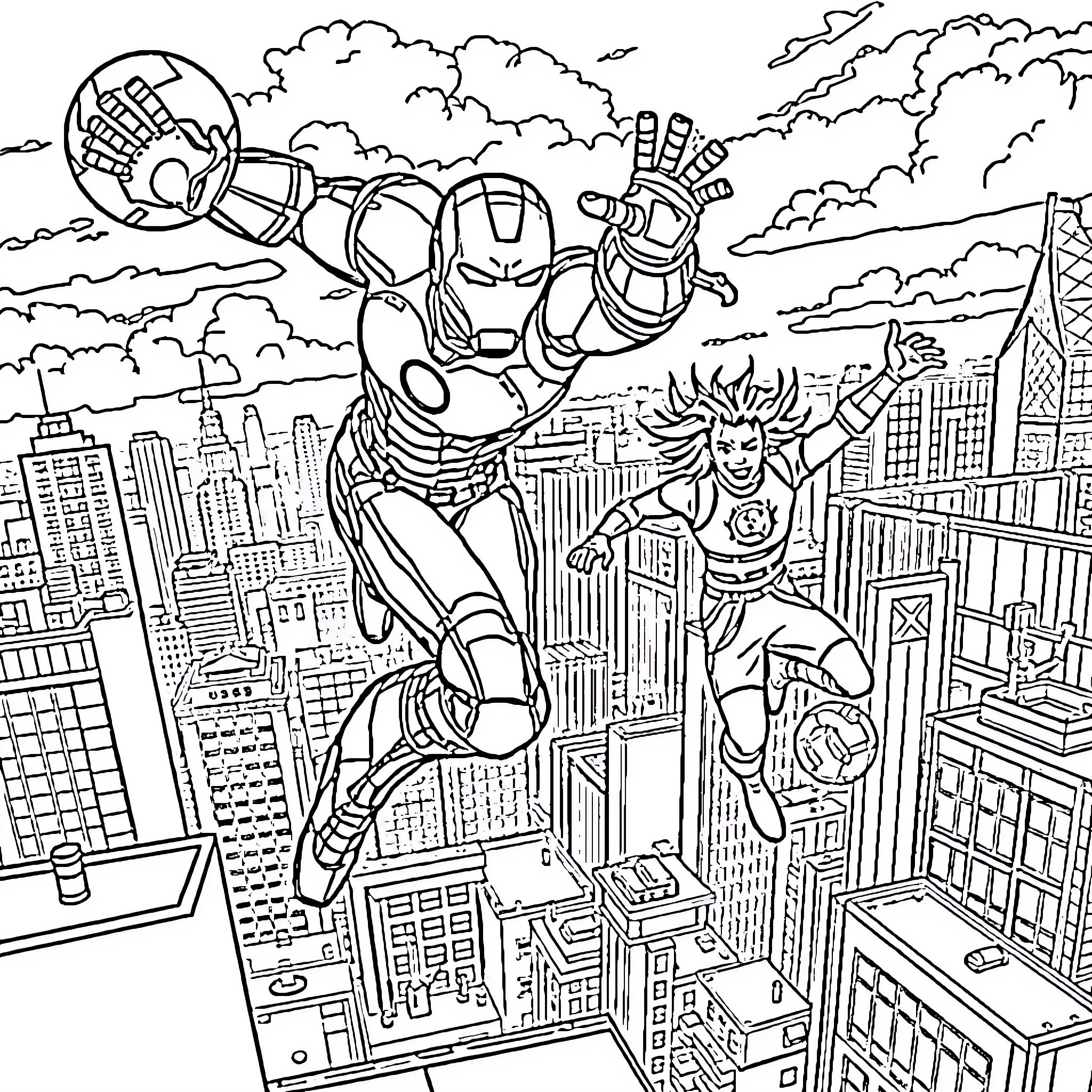 Iron Man heroically soaring over the city skyline Coloring Page (free black-and-white line drawing printable PDF for all, from beginners to advanced learners, including children, teens, adults, and seniors)