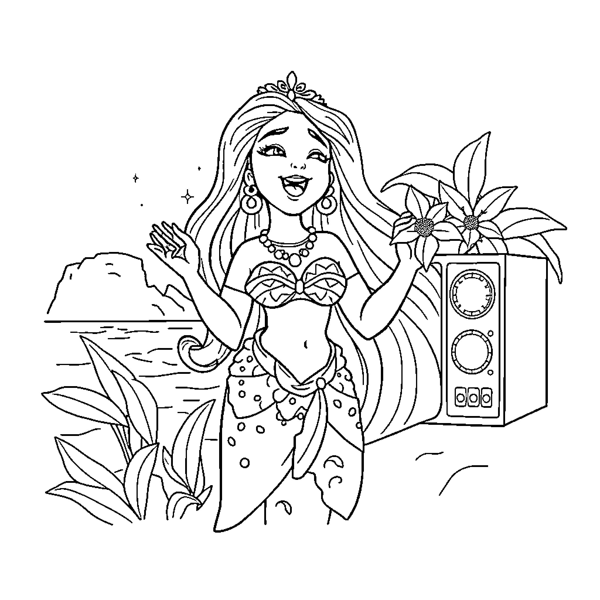 Vaiana dancing joyfully in tropical setting Coloring Page (free black-and-white line drawing printable PDF for all, from beginners to advanced learners, including children, teens, adults, and seniors)