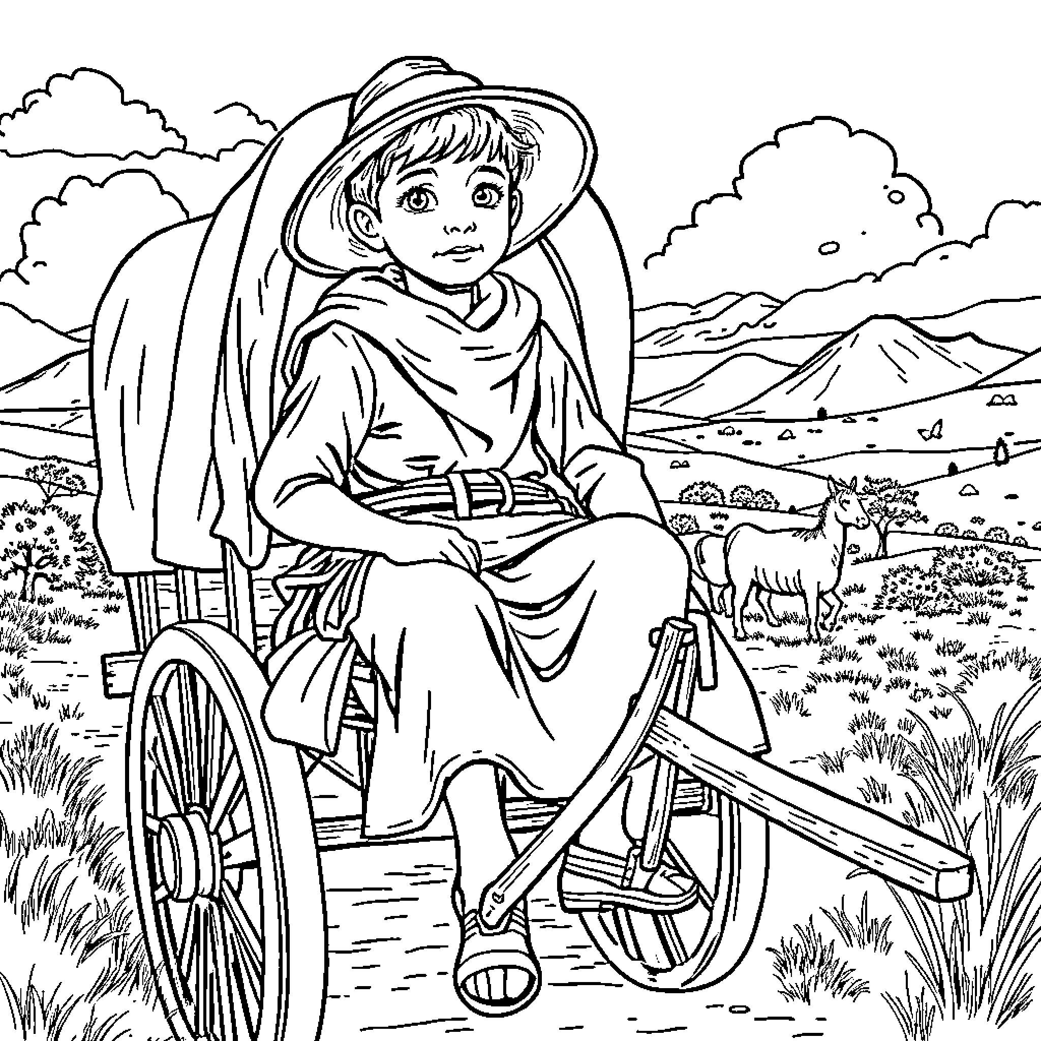 Boer settler resting on a cart in the countryside Coloring Page (free black-and-white line drawing printable PDF for all, from beginners to advanced learners, including children, teens, adults, and seniors)