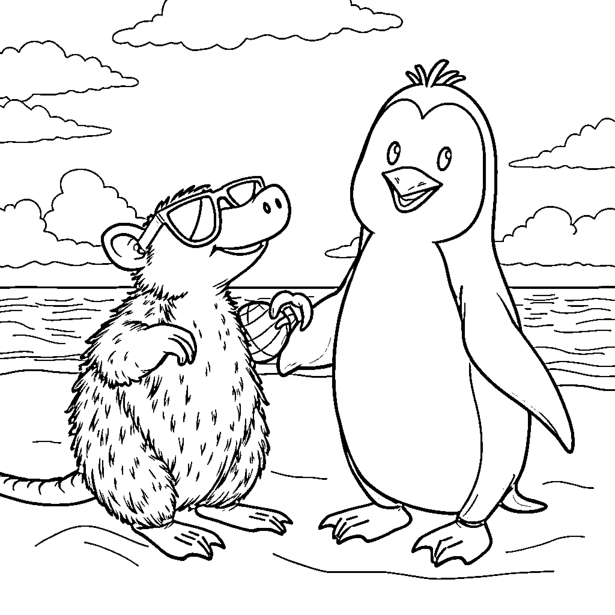 Platypus and penguin enjoying a day at the beach Coloring Page (free black-and-white line drawing printable PDF for all, from beginners to advanced learners, including children, teens, adults, and seniors)