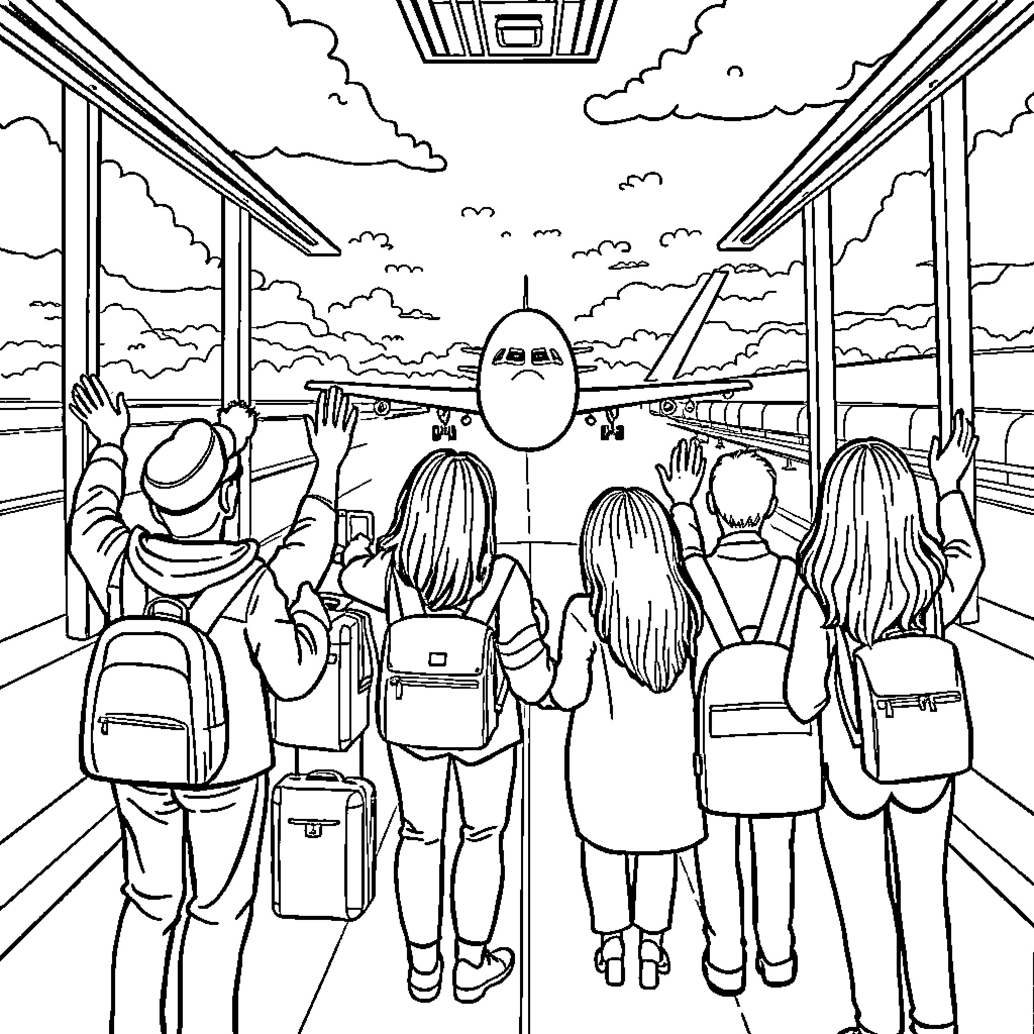 Send Off to Travelers at the Airport Terminal Coloring Page (free black-and-white line drawing printable PDF for all, from beginners to advanced learners, including children, teens, adults, and seniors)