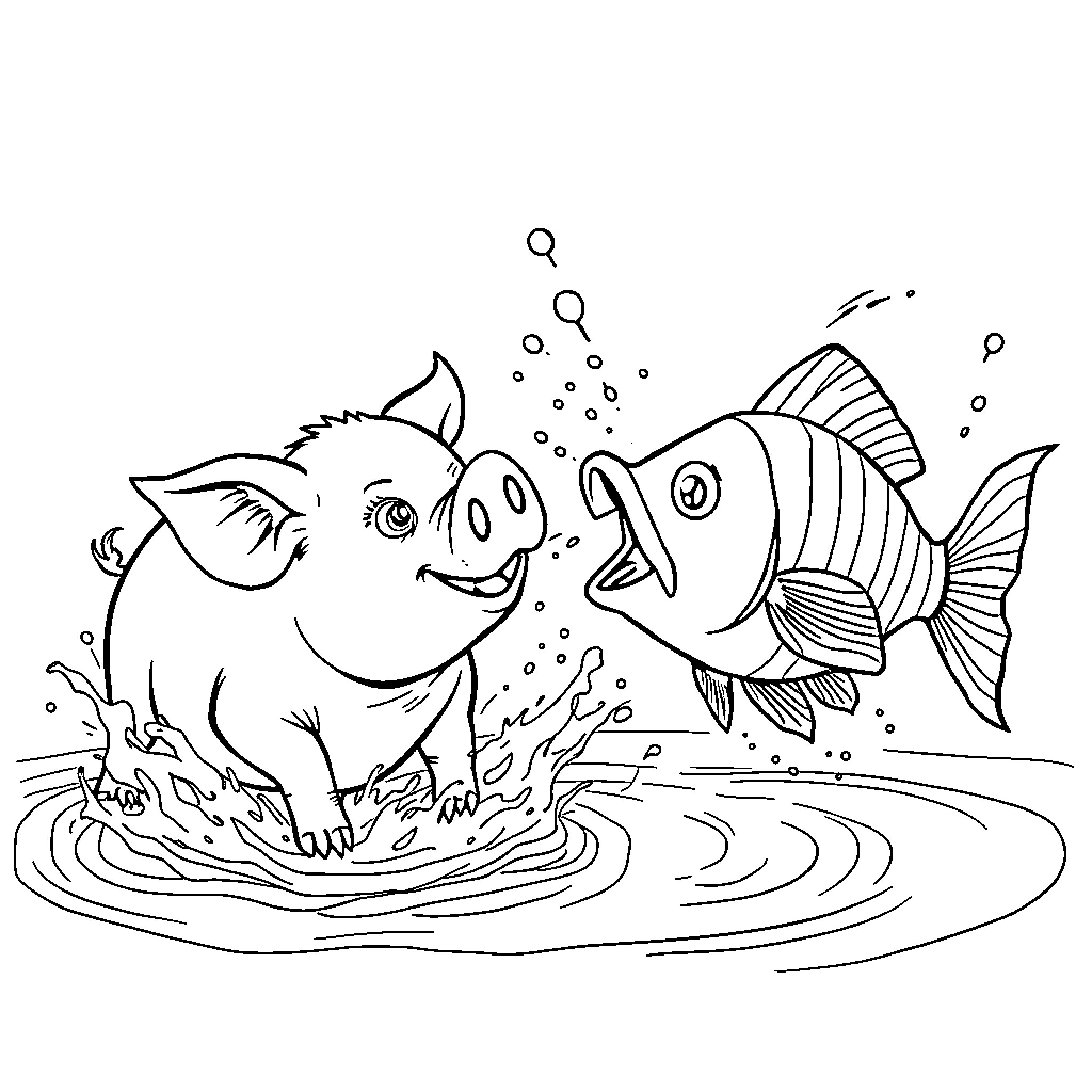 Pig splashing with playful fish in the water Coloring Page (free black-and-white line drawing printable PDF for all, from beginners to advanced learners, including children, teens, adults, and seniors)