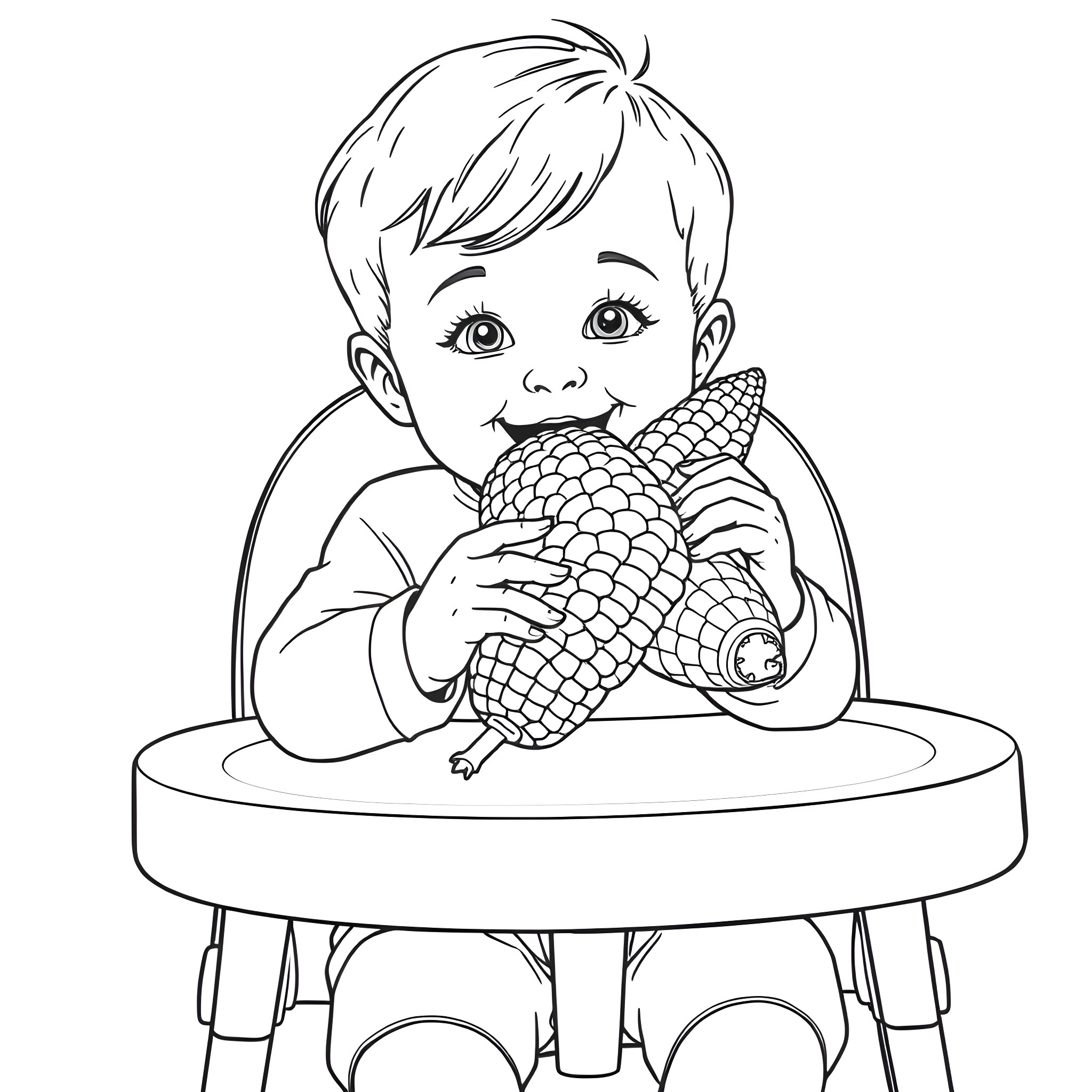 Toddler enjoying a corn cob snack at the table Coloring Page (free black-and-white line drawing printable PDF for all, from beginners to advanced learners, including children, teens, adults, and seniors)