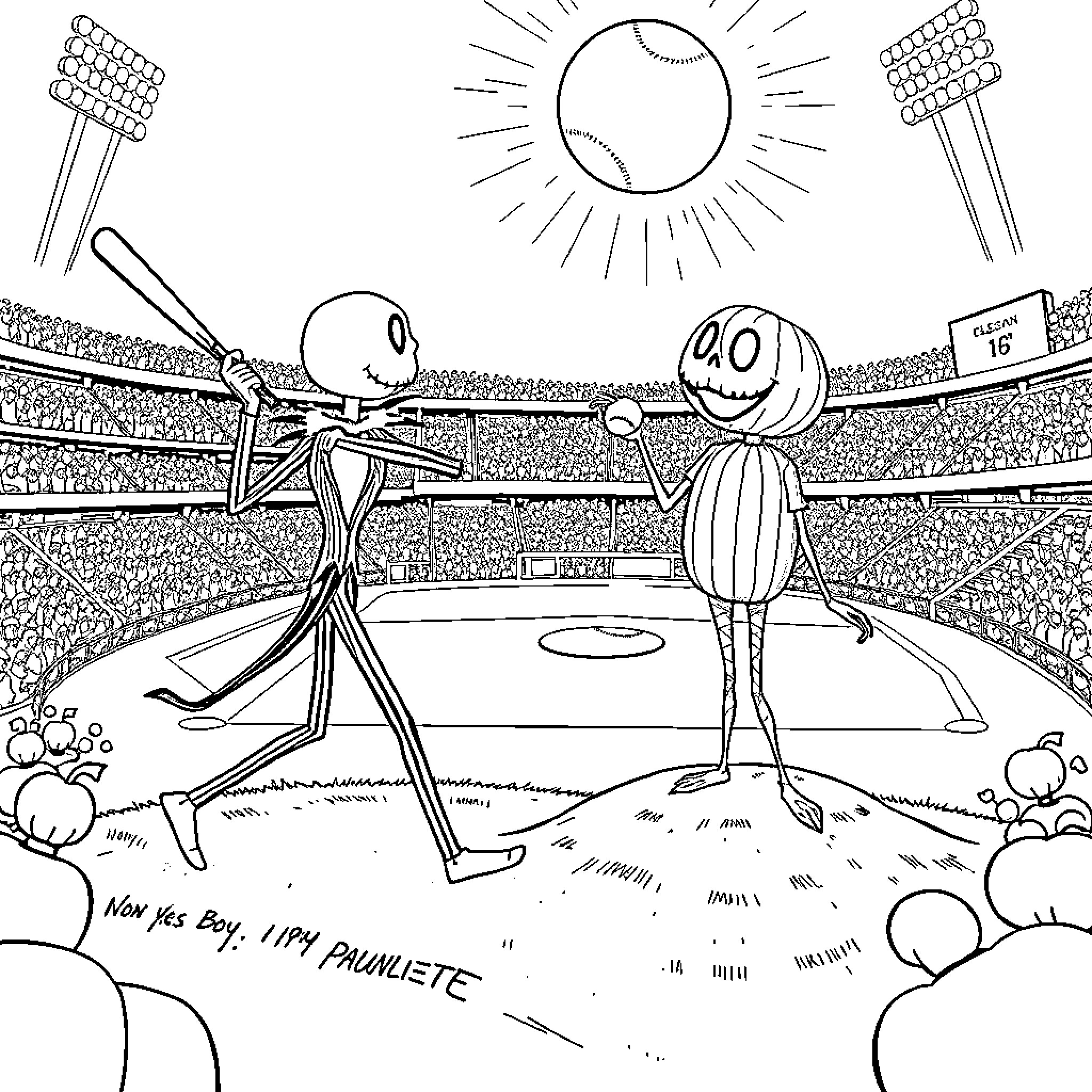 Jack Skellington and friend playing baseball in stadium Coloring Page (free black-and-white line drawing printable PDF for all, from beginners to advanced learners, including children, teens, adults, and seniors)