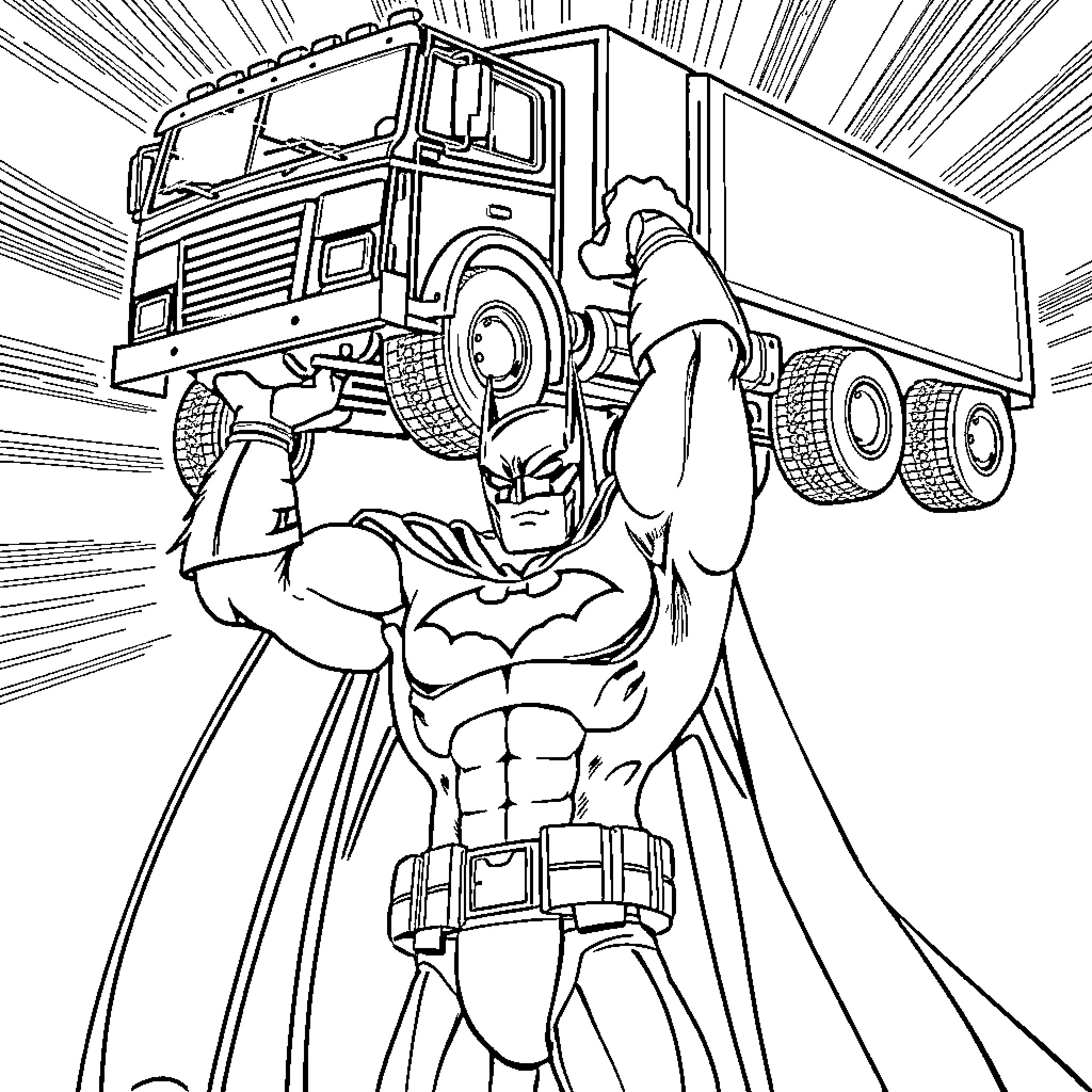 Batman confronting a heavy military vehicle Coloring Page (free black-and-white line drawing printable PDF for all, from beginners to advanced learners, including children, teens, adults, and seniors)