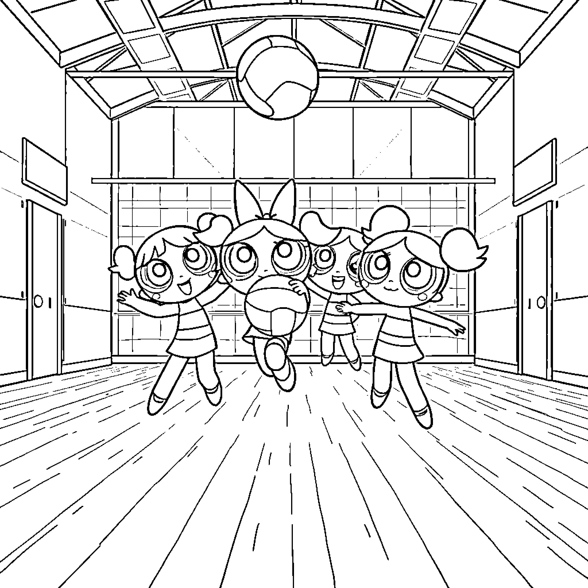 Powerpuff Girls performing on stage Coloring Page (free black-and-white line drawing printable PDF for all, from beginners to advanced learners, including children, teens, adults, and seniors)