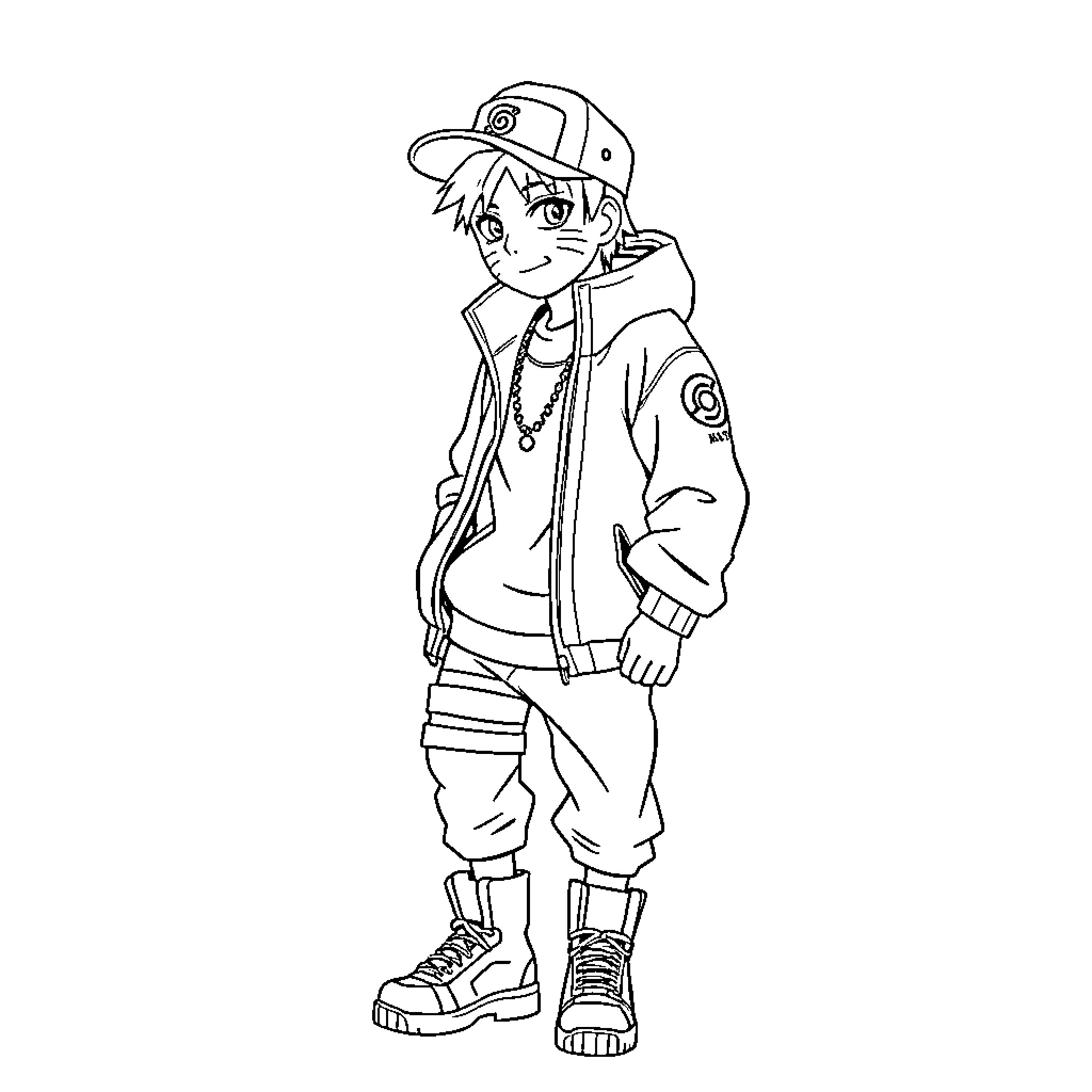 Naruto character in casual outfit and pose Coloring Page (free black-and-white line drawing printable PDF for all, from beginners to advanced learners, including children, teens, adults, and seniors)