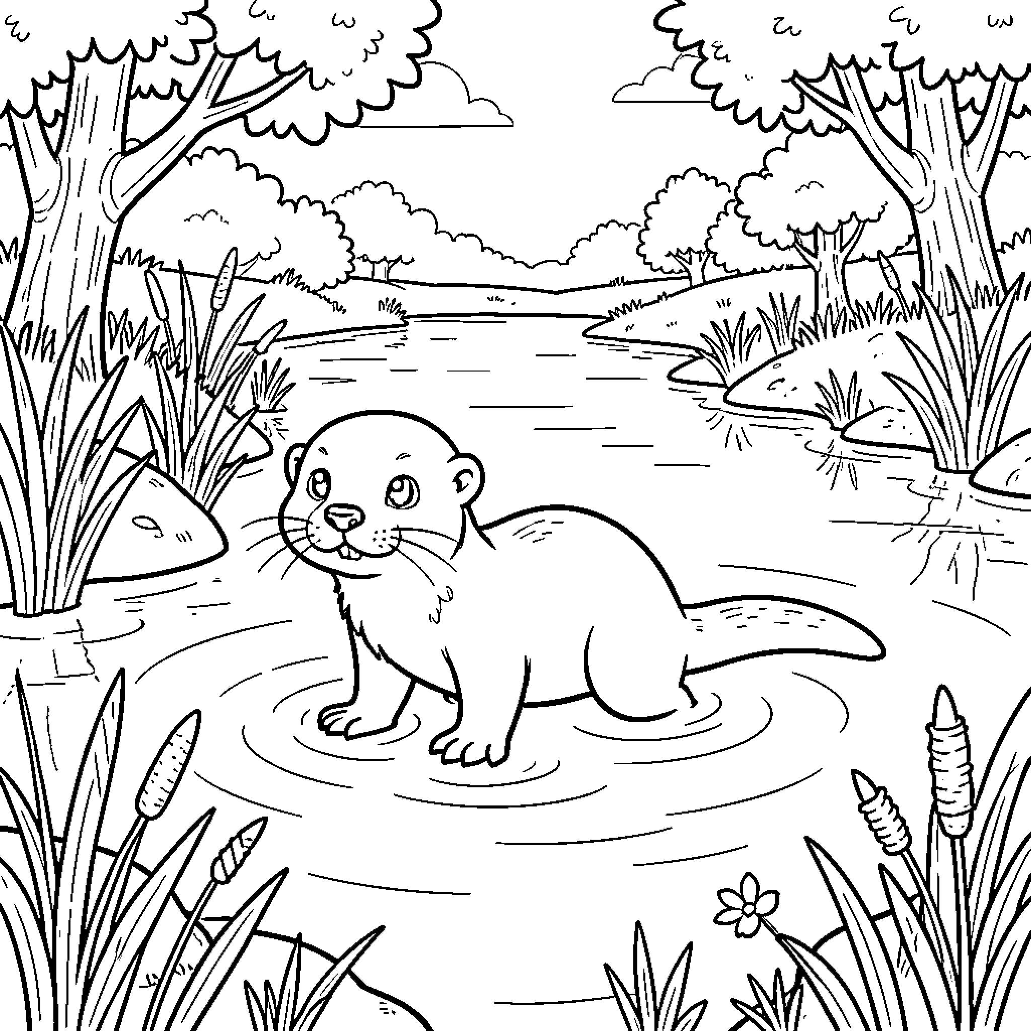 Otter swimming peacefully in a calm river Coloring Page (free black-and-white line drawing printable PDF for all, from beginners to advanced learners, including children, teens, adults, and seniors)