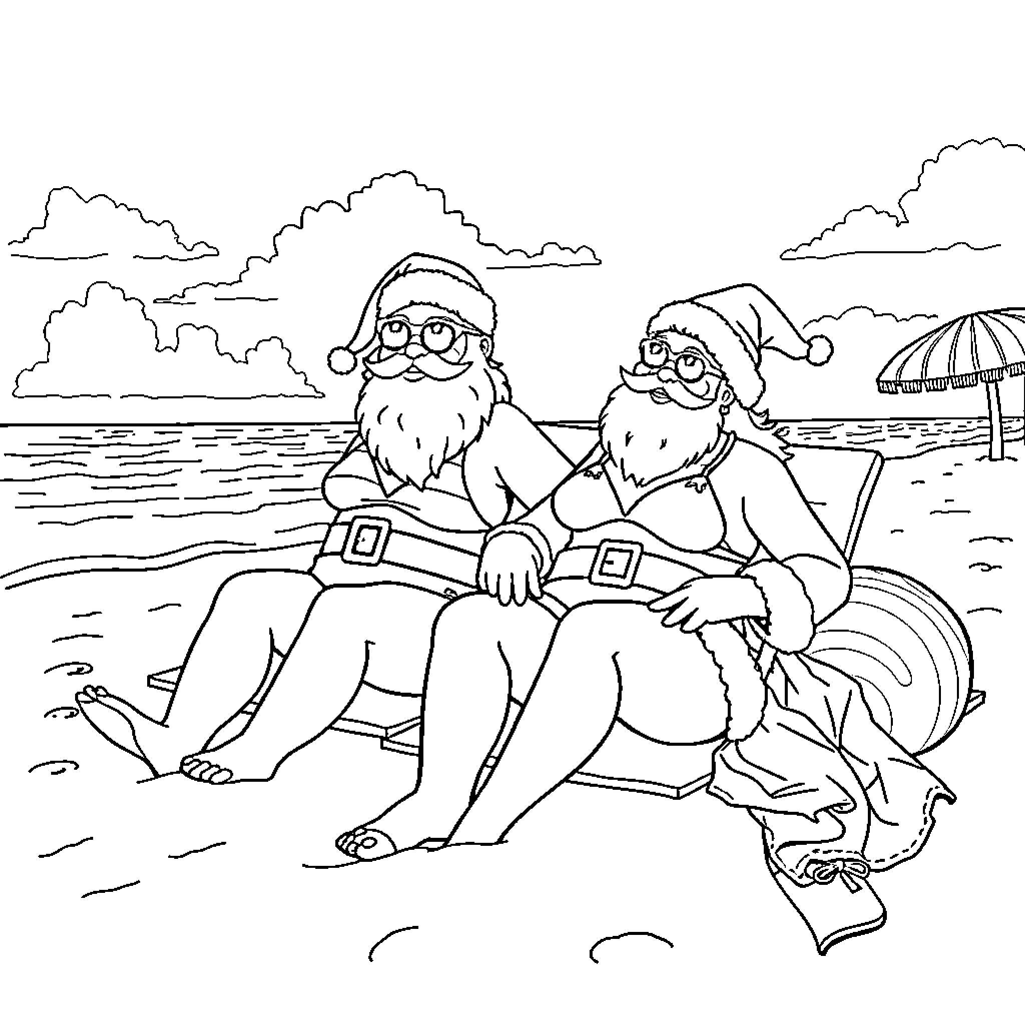 Santa and Mrs. Claus relaxing on the beach Coloring Page (free black-and-white line drawing printable PDF for all, from beginners to advanced learners, including children, teens, adults, and seniors)