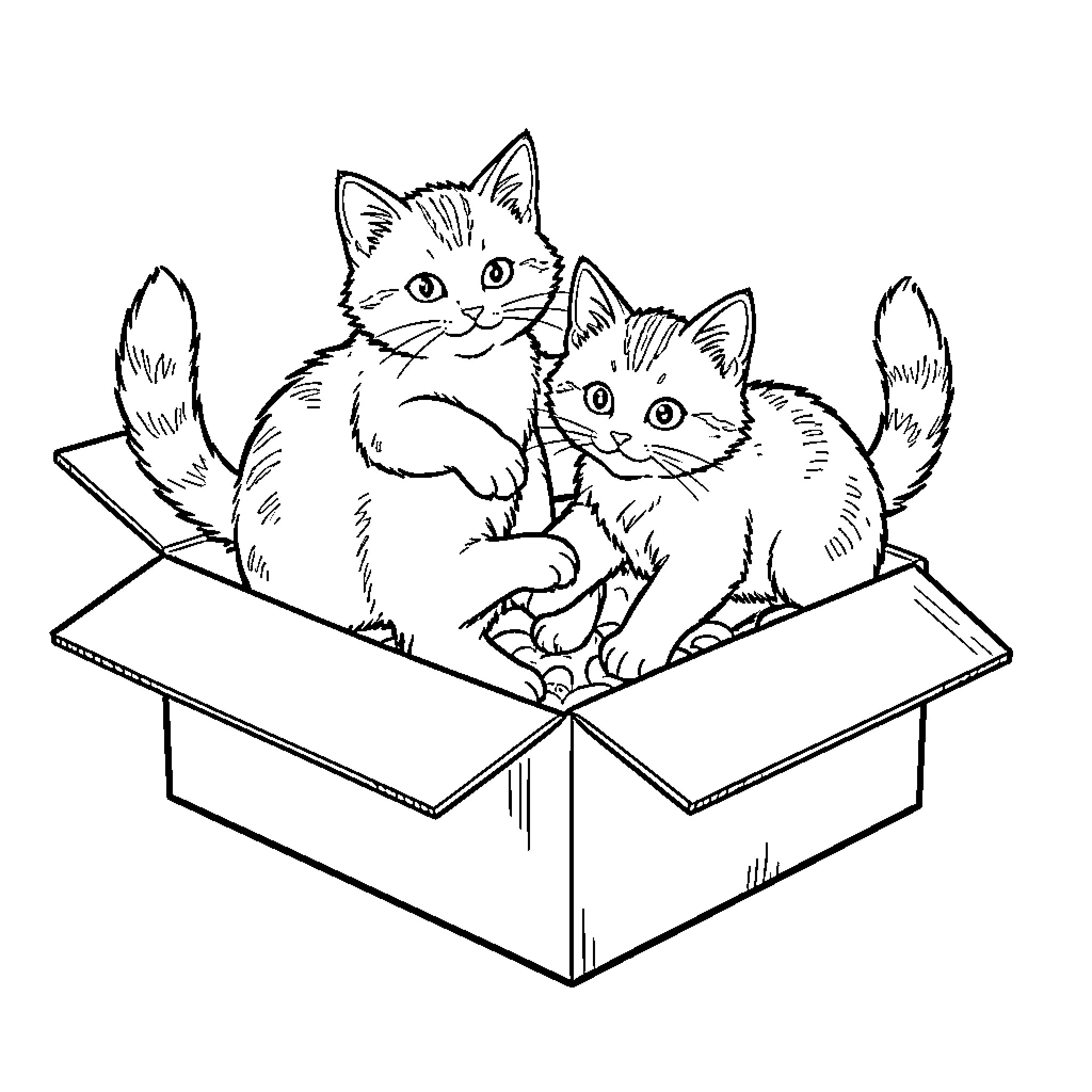 Kitten pair sitting together inside a cardboard box Coloring Page (free black-and-white line drawing printable PDF for all, from beginners to advanced learners, including children, teens, adults, and seniors)
