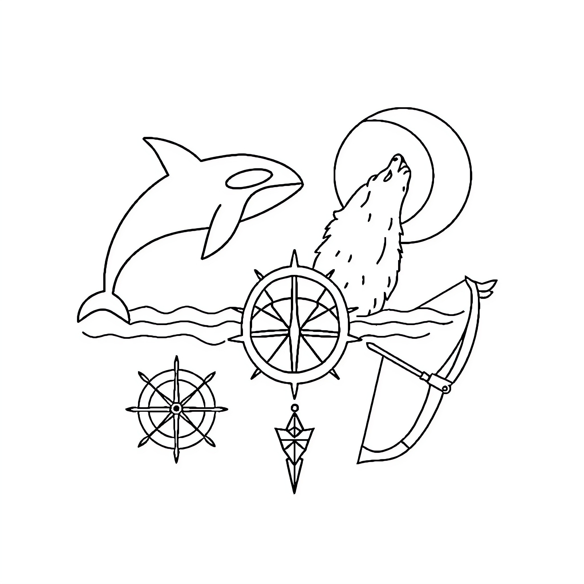 Orca sailing in the ocean with nautical elements Coloring Page (free black-and-white line drawing printable PDF for all, from beginners to advanced learners, including children, teens, adults, and seniors)