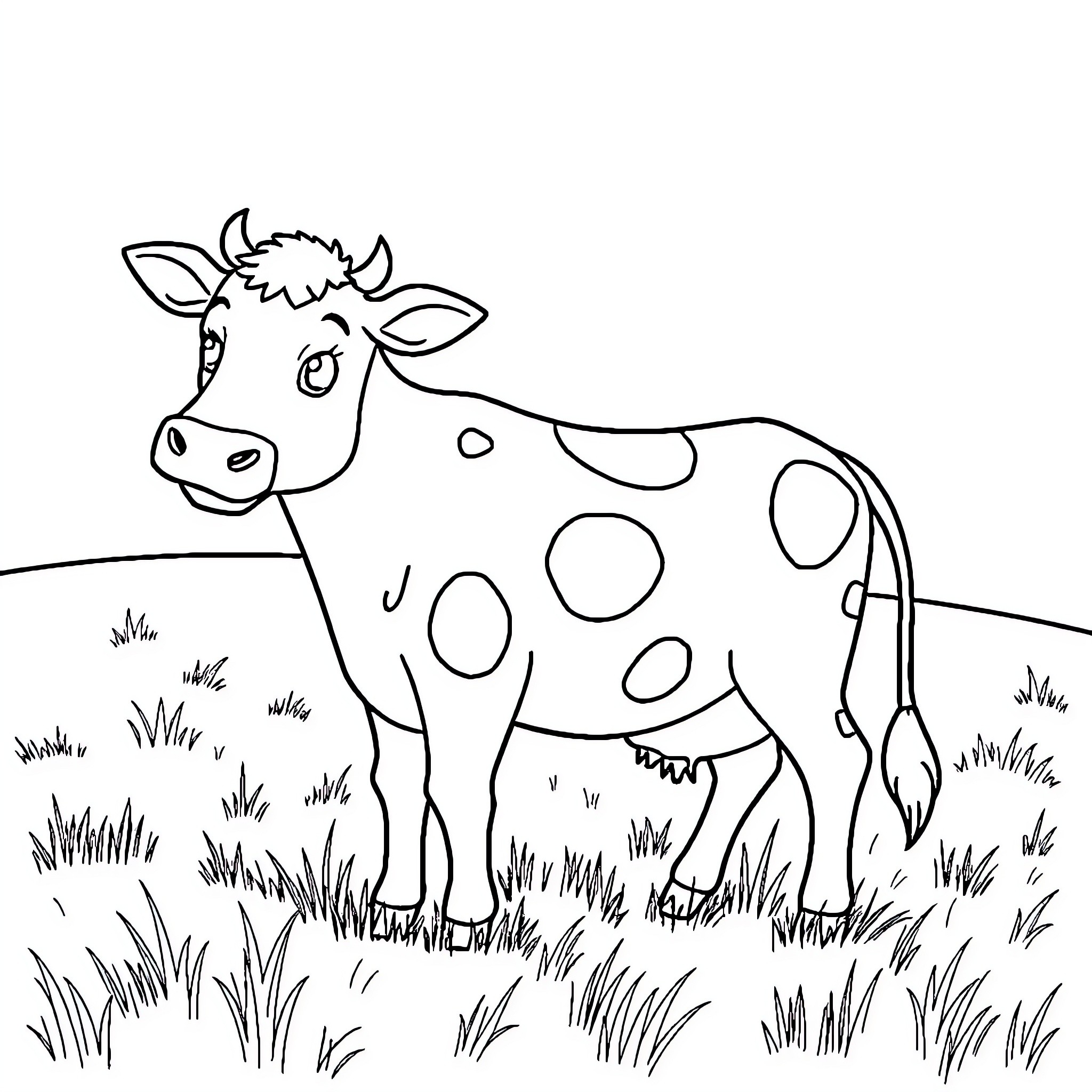 Cow standing in a grassy field Coloring Page (free black-and-white line drawing printable PDF for all, from beginners to advanced learners, including children, teens, adults, and seniors)