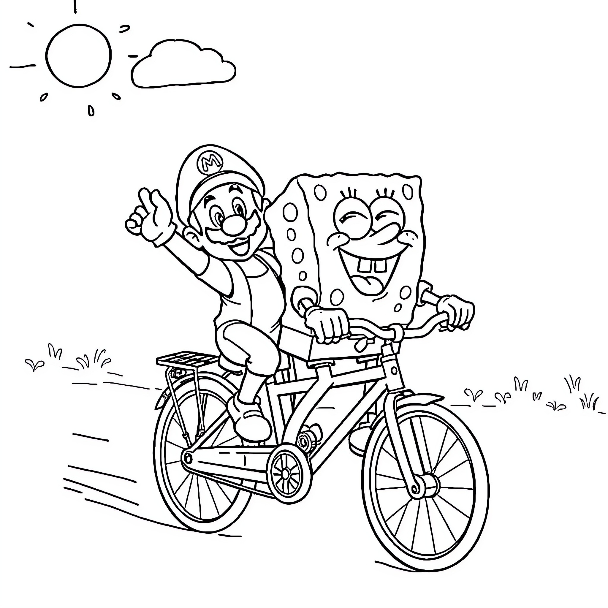 Spongebob riding bicycle with cheerful expression Coloring Page (free black-and-white line drawing printable PDF for all, from beginners to advanced learners, including children, teens, adults, and seniors)