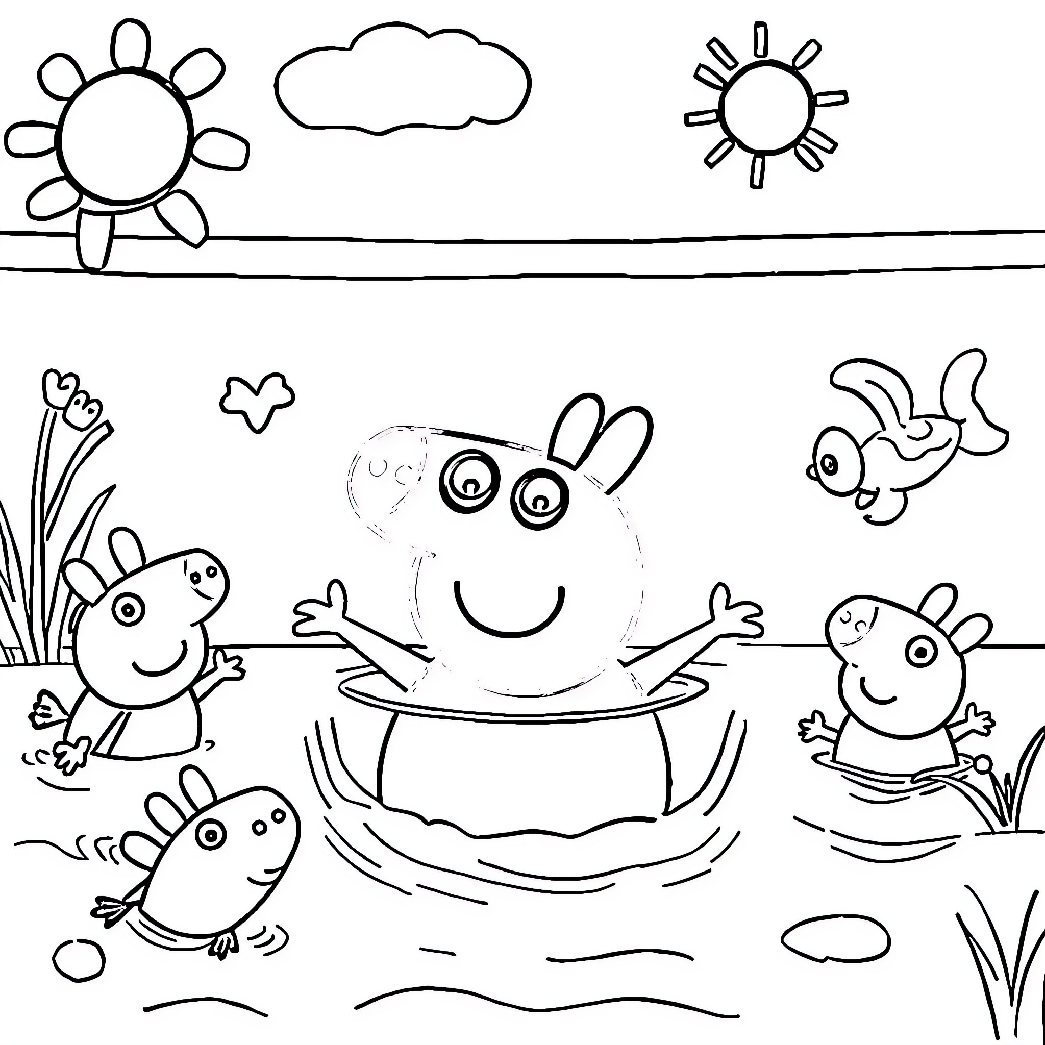 Peppa Pig and friends playing in the sun Coloring Page (free black-and-white line drawing printable PDF for all, from beginners to advanced learners, including children, teens, adults, and seniors)