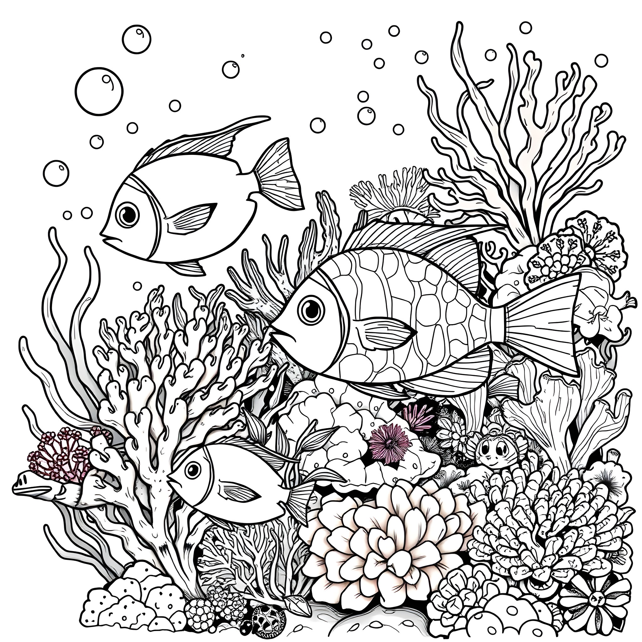 Fish swimming in a colorful underwater scene Coloring Page (free black-and-white line drawing printable PDF for all, from beginners to advanced learners, including children, teens, adults, and seniors)