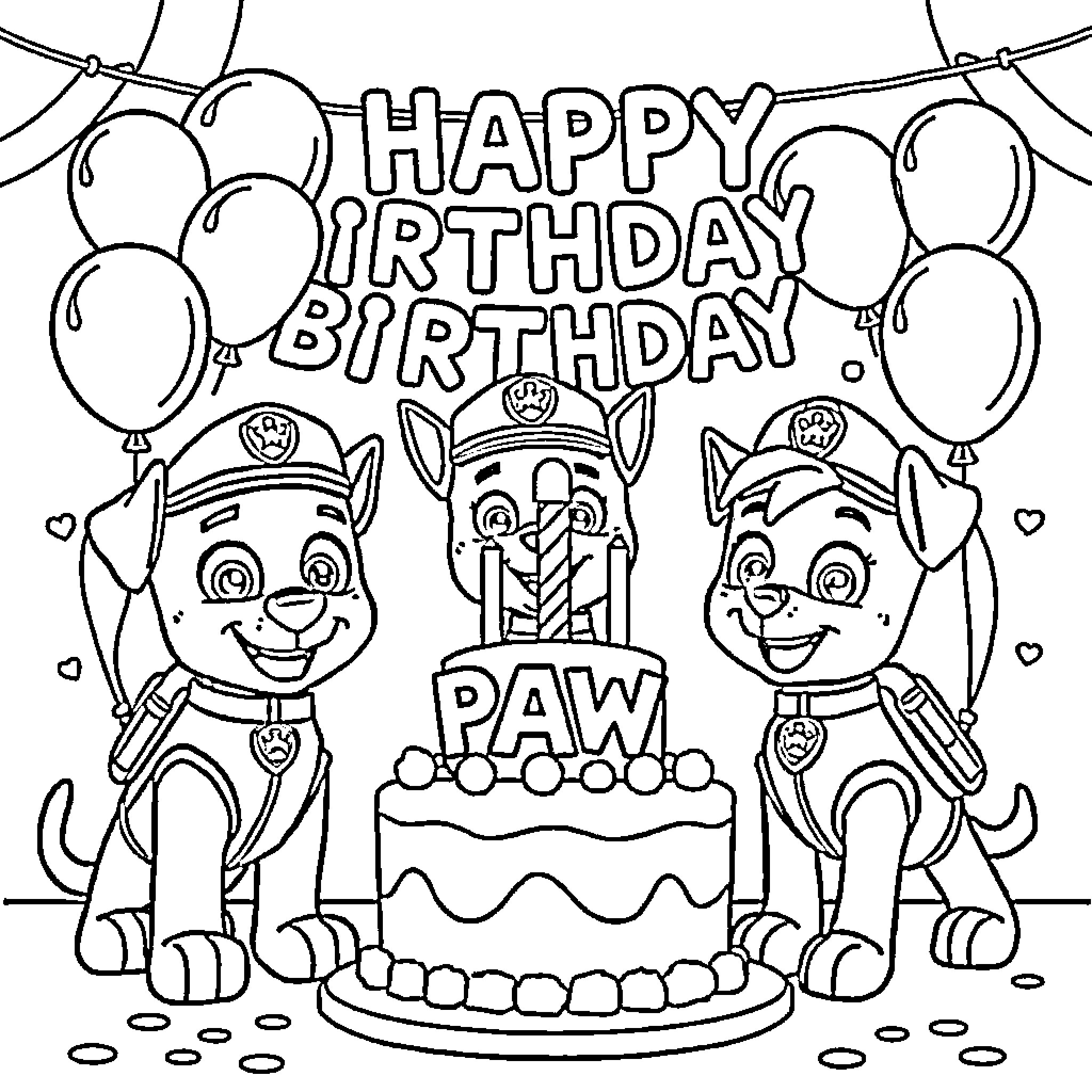 Paw Patrol Happy Birthday Celebration Coloring Page (free black-and-white line drawing printable PDF for all, from beginners to advanced learners, including children, teens, adults, and seniors)