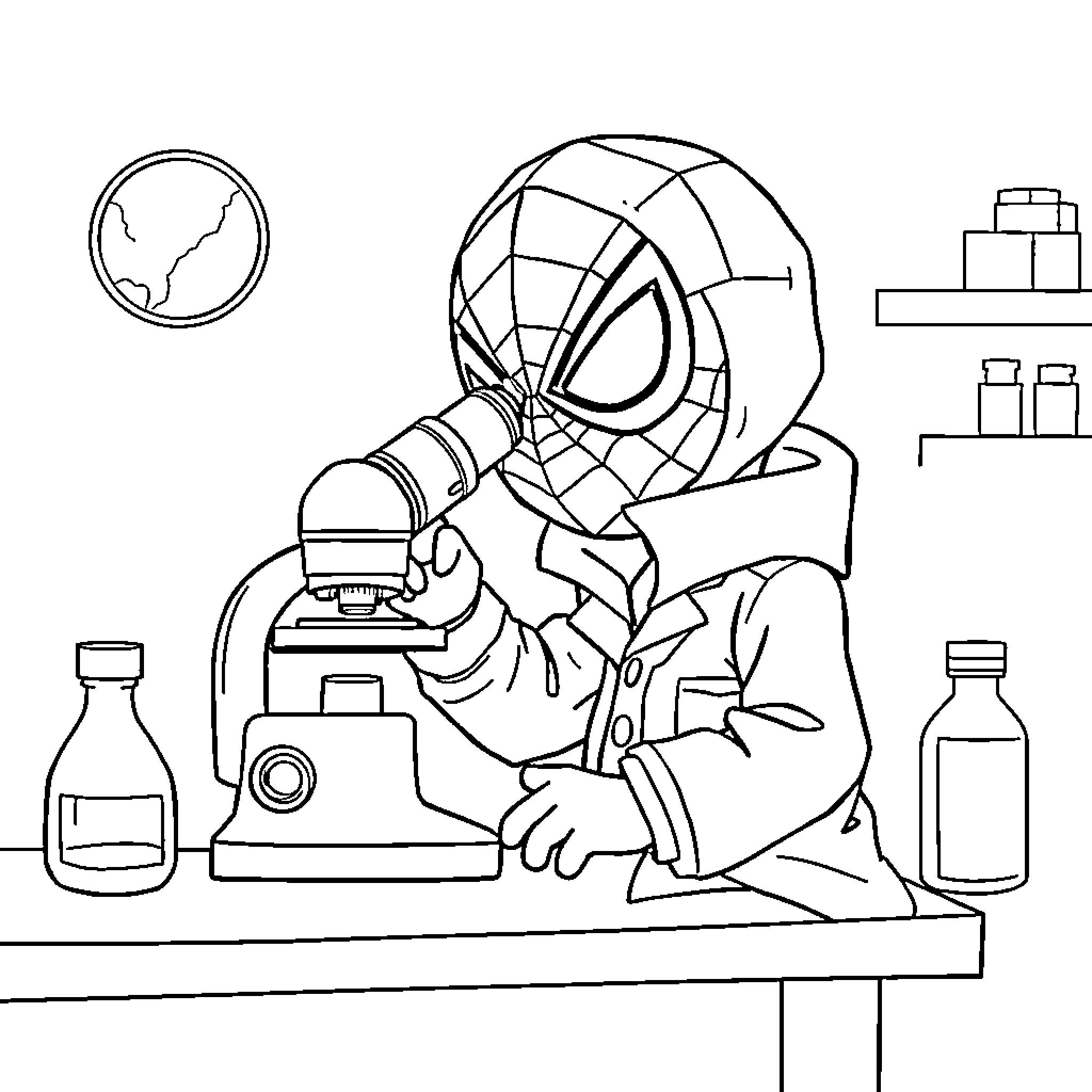 Spiderman conducting scientific research in the lab Coloring Page (free black-and-white line drawing printable PDF for all, from beginners to advanced learners, including children, teens, adults, and seniors)