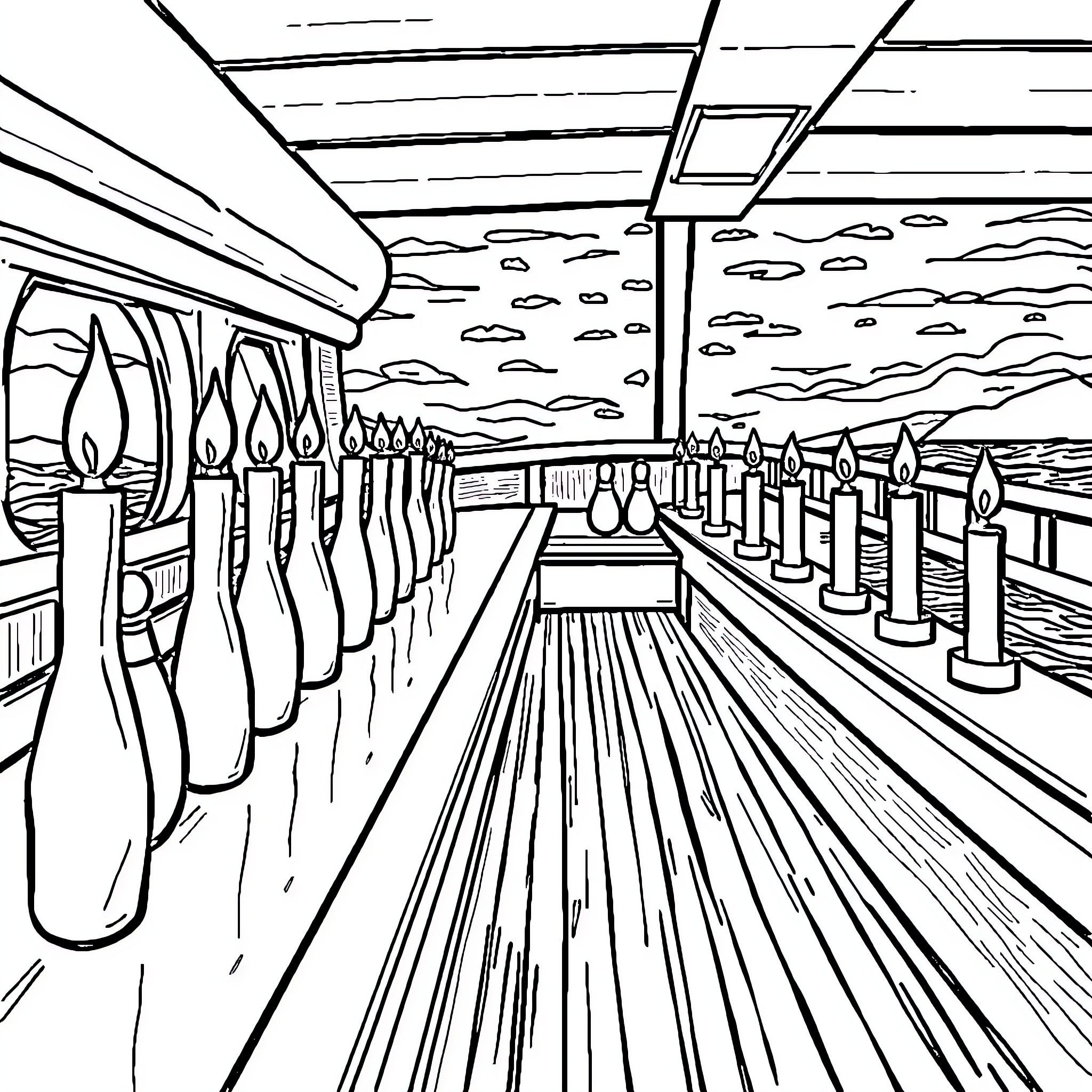 Bowling Alley with Bowling Balls and Pins Coloring Page (free black-and-white line drawing printable PDF for all, from beginners to advanced learners, including children, teens, adults, and seniors)