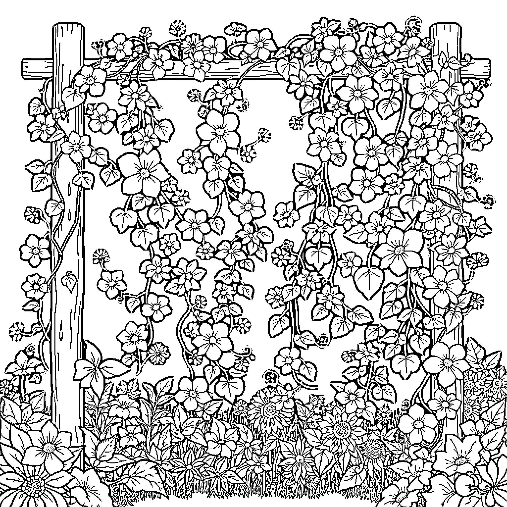 Vine of Blooming Flowers Covering Wooden Cross Coloring Page (free black-and-white line drawing printable PDF for all, from beginners to advanced learners, including children, teens, adults, and seniors)