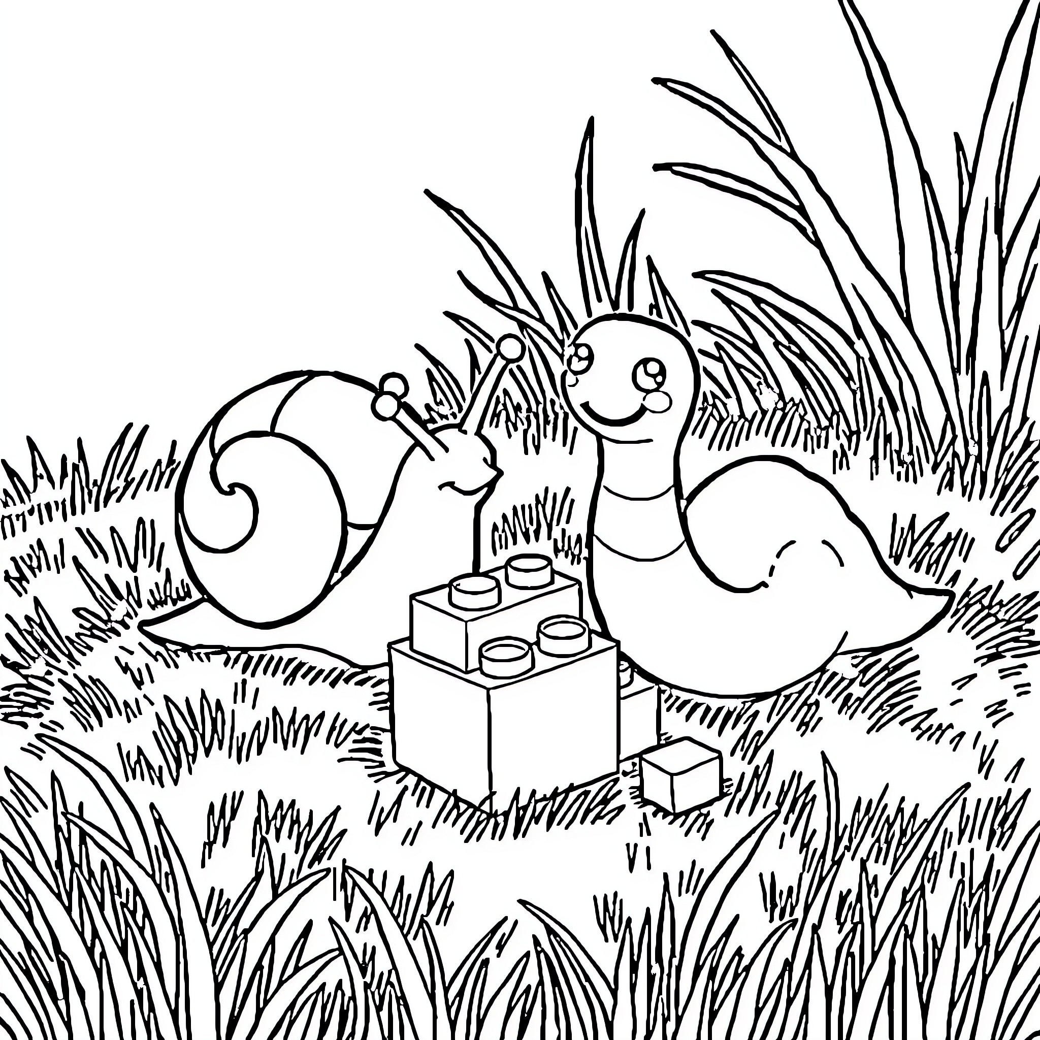 Snail playing with building blocks in the grass Coloring Page (free black-and-white line drawing printable PDF for all, from beginners to advanced learners, including children, teens, adults, and seniors)