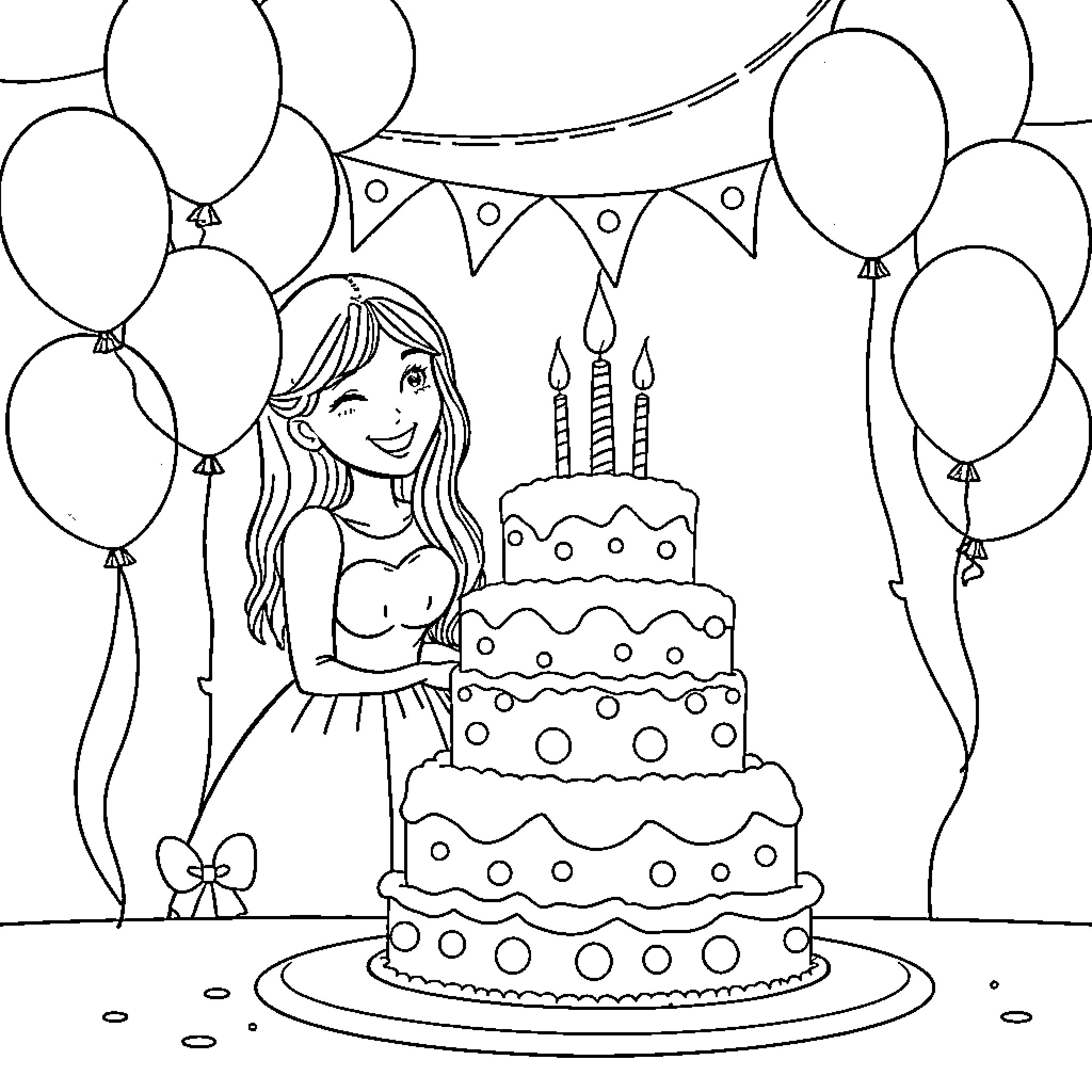 Sister celebrates birthday with cake and balloons Coloring Page (free black-and-white line drawing printable PDF for all, from beginners to advanced learners, including children, teens, adults, and seniors)