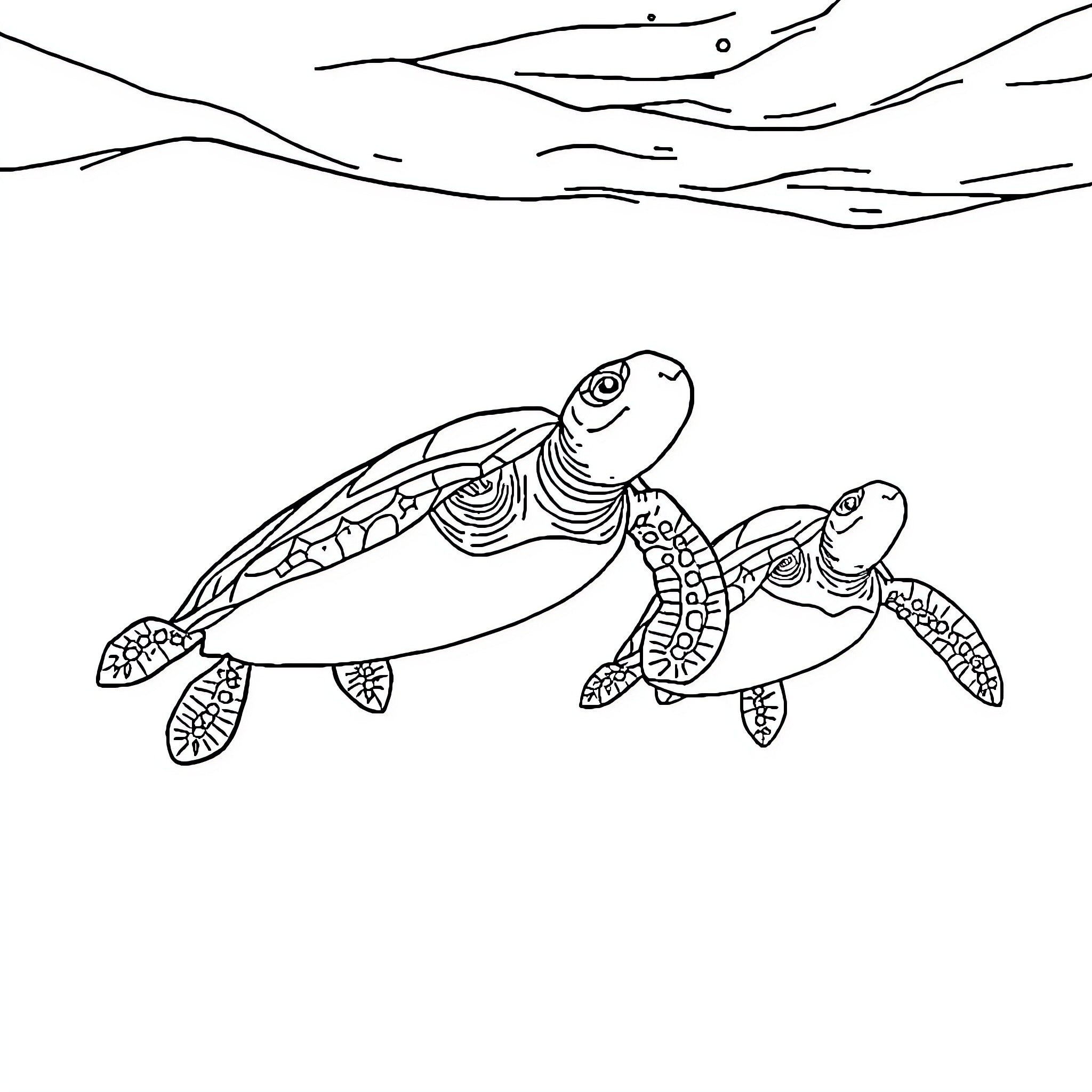 Turtle swimming in the ocean Coloring Page (free black-and-white line drawing printable PDF for all, from beginners to advanced learners, including children, teens, adults, and seniors)