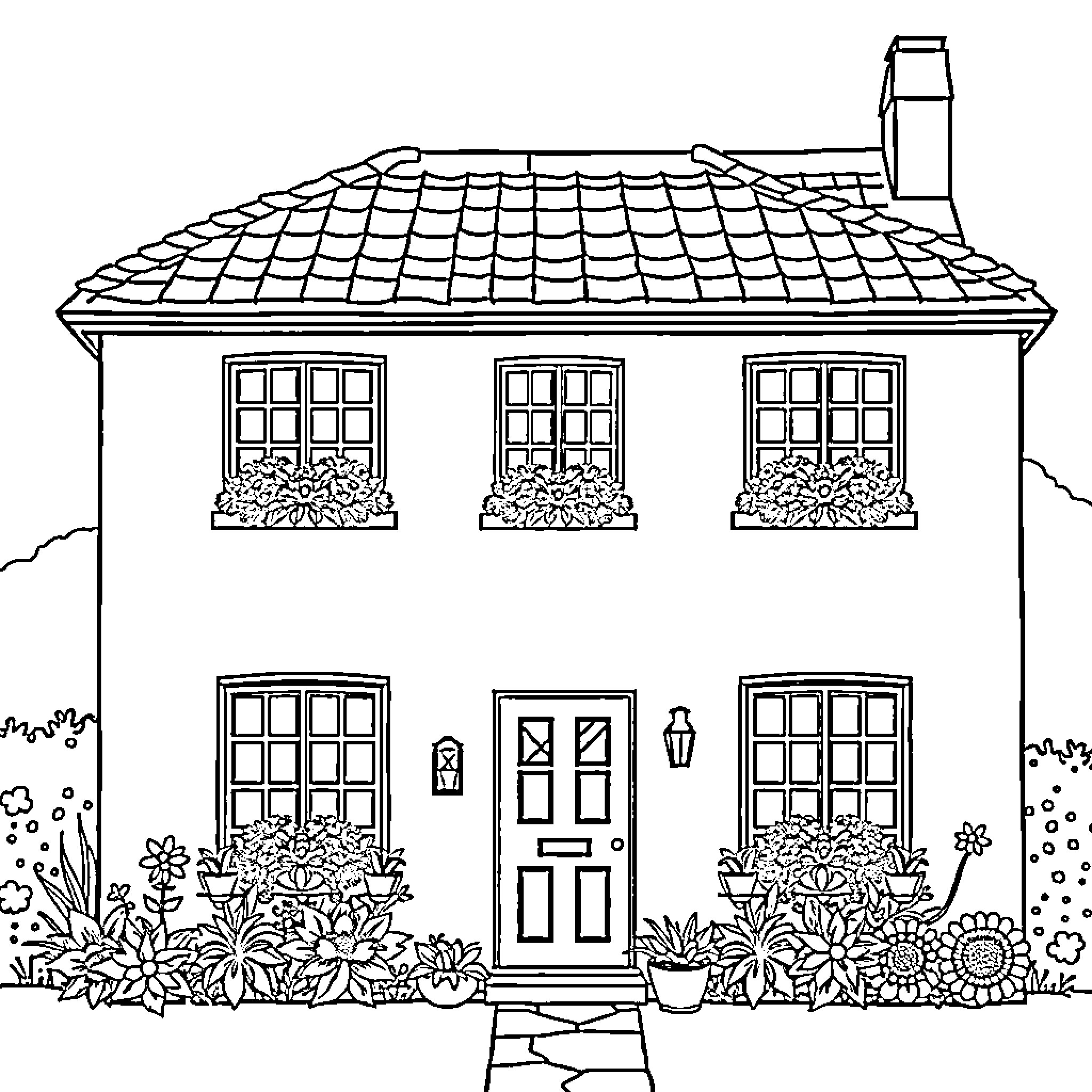 House with Decorative Windows and Floral Accents Coloring Page (free black-and-white line drawing printable PDF for all, from beginners to advanced learners, including children, teens, adults, and seniors)