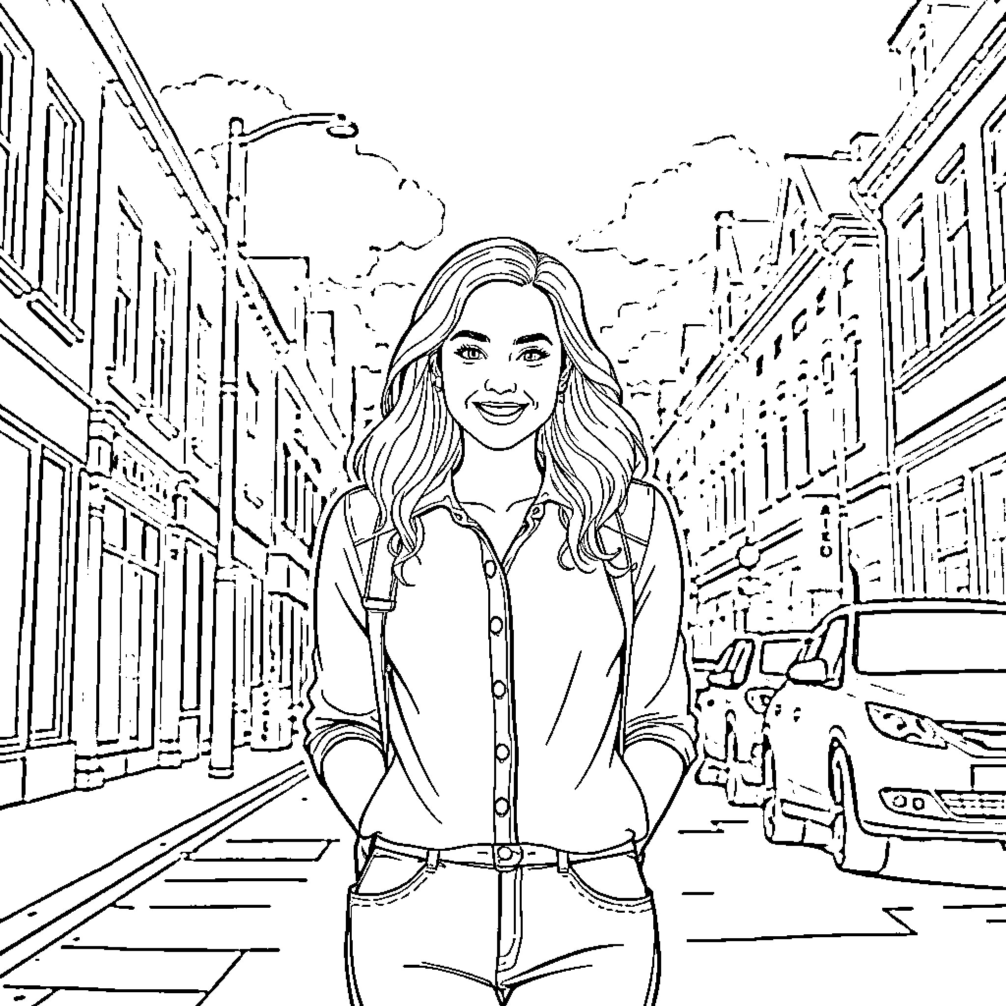 Rebecka Blomqvist smiling in the city streets Coloring Page (free black-and-white line drawing printable PDF for all, from beginners to advanced learners, including children, teens, adults, and seniors)