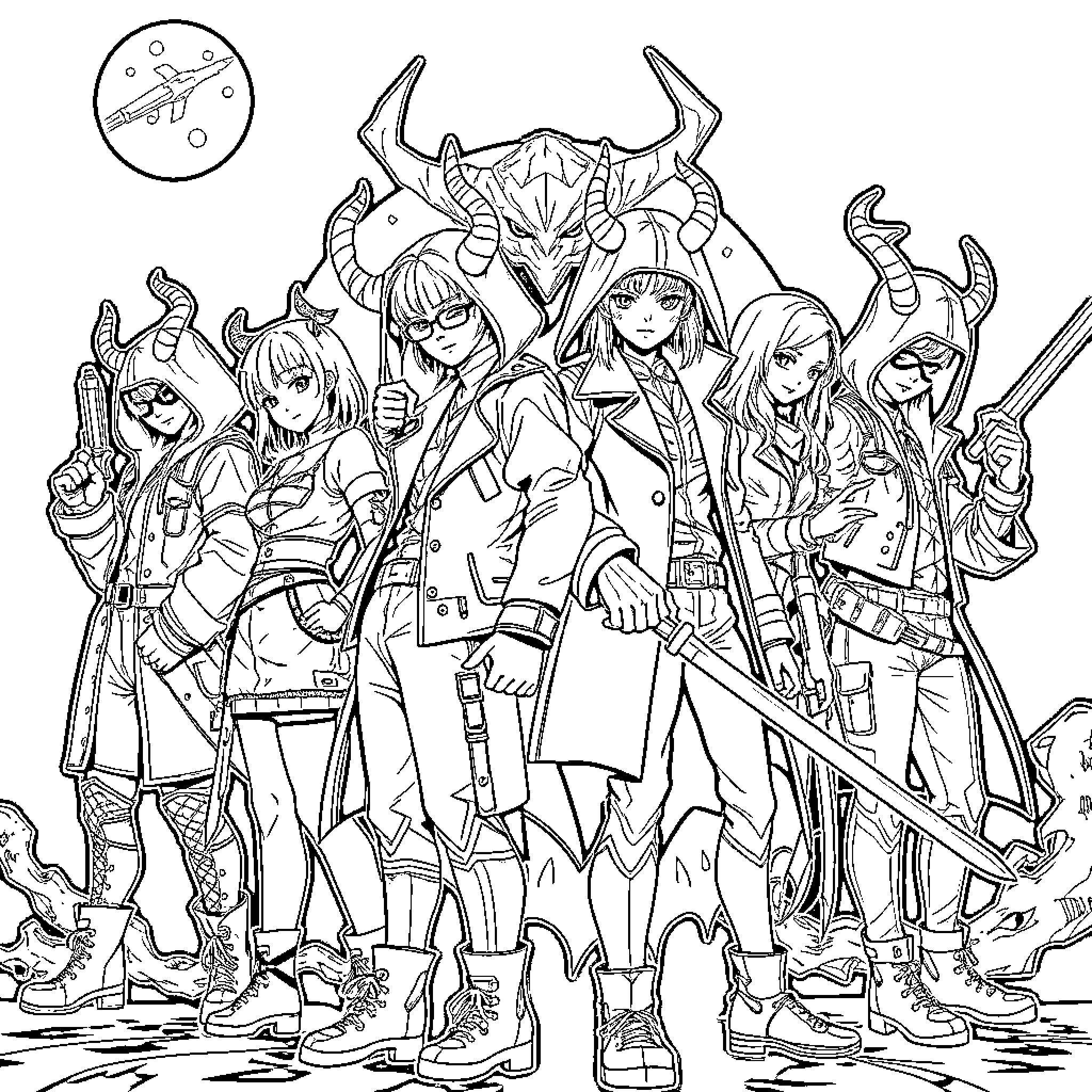 Demon Hunter Squad Banding Together for an Epic Mission Coloring Page (free black-and-white line drawing printable PDF for all, from beginners to advanced learners, including children, teens, adults, and seniors)