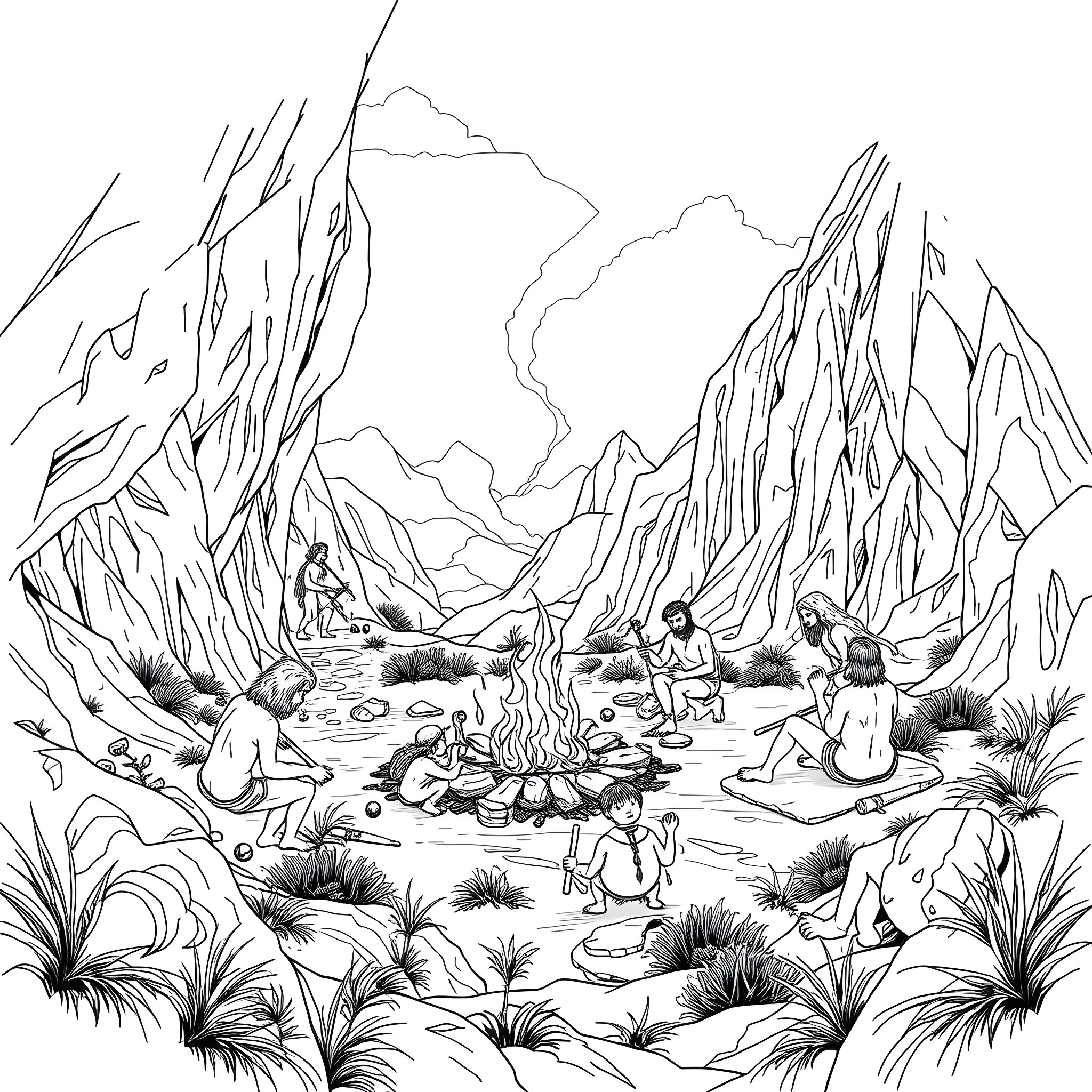 Life in the Rugged Mountain Wilderness Coloring Page (free black-and-white line drawing printable PDF for all, from beginners to advanced learners, including children, teens, adults, and seniors)