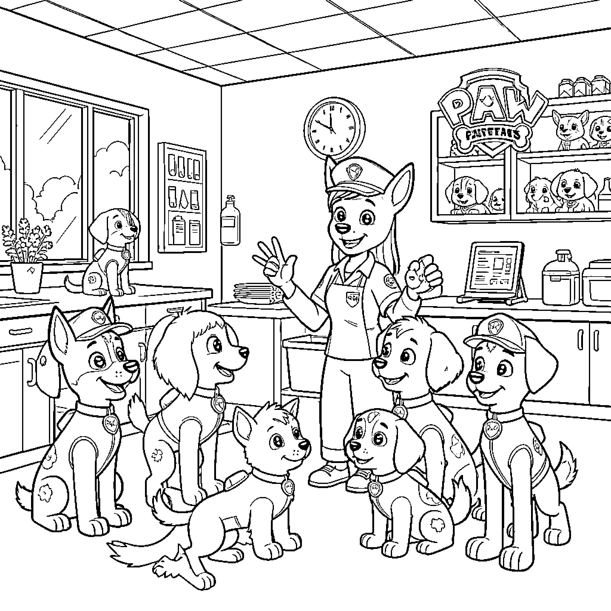 Paw Patrol pups gathering together and smiling happily Coloring Page (free black-and-white line drawing printable PDF for all, from beginners to advanced learners, including children, teens, adults, and seniors)